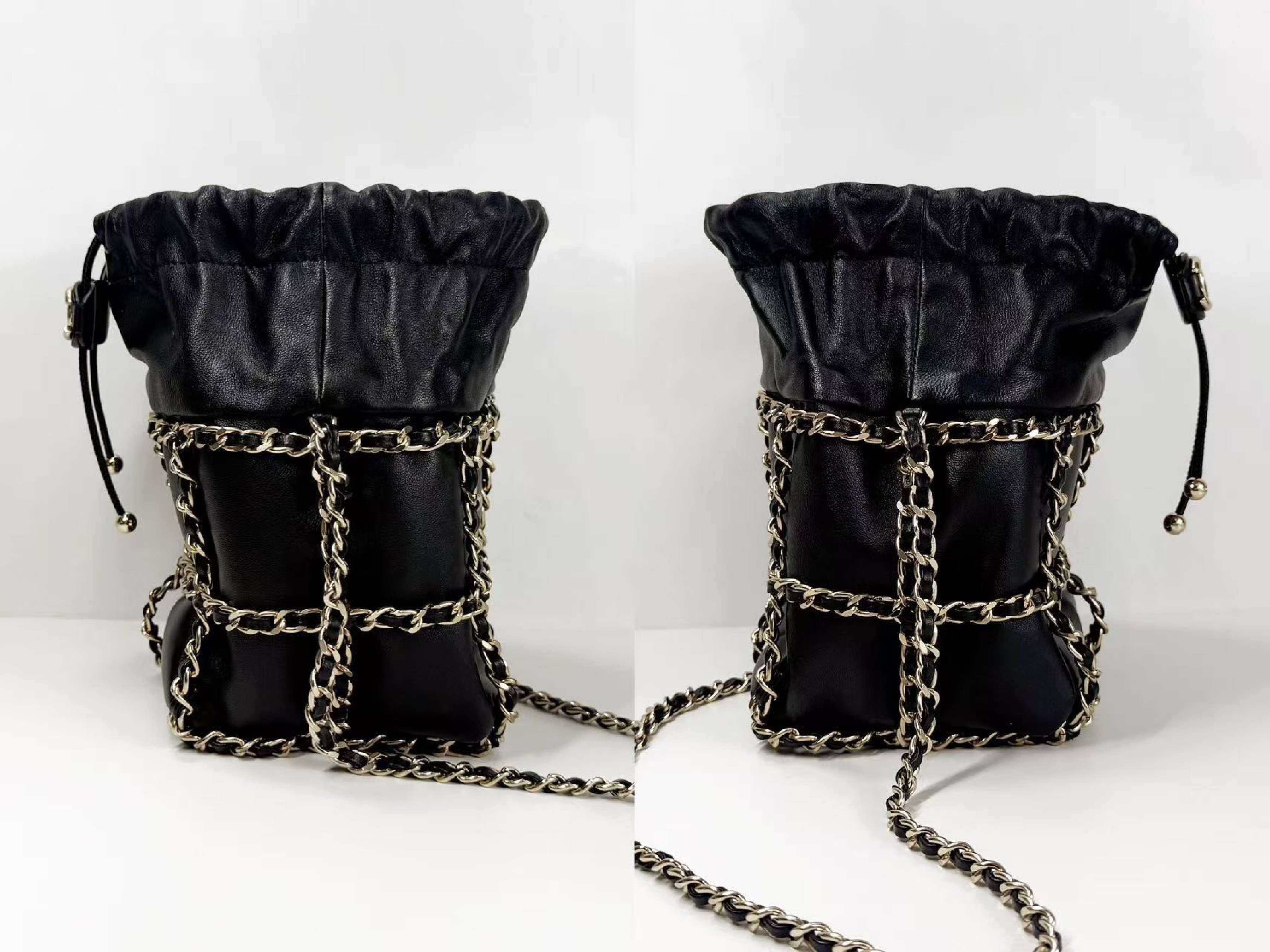 stored item, black drawstring bag, W(bottom) 12cm/H18cm/D11cm approx., serial number in the 30s, with G card, booklet, dust bag, and sticker. Gold hardware, shoulder bag, 30708931, in excellent condition. A shoulder bag. — view 12
