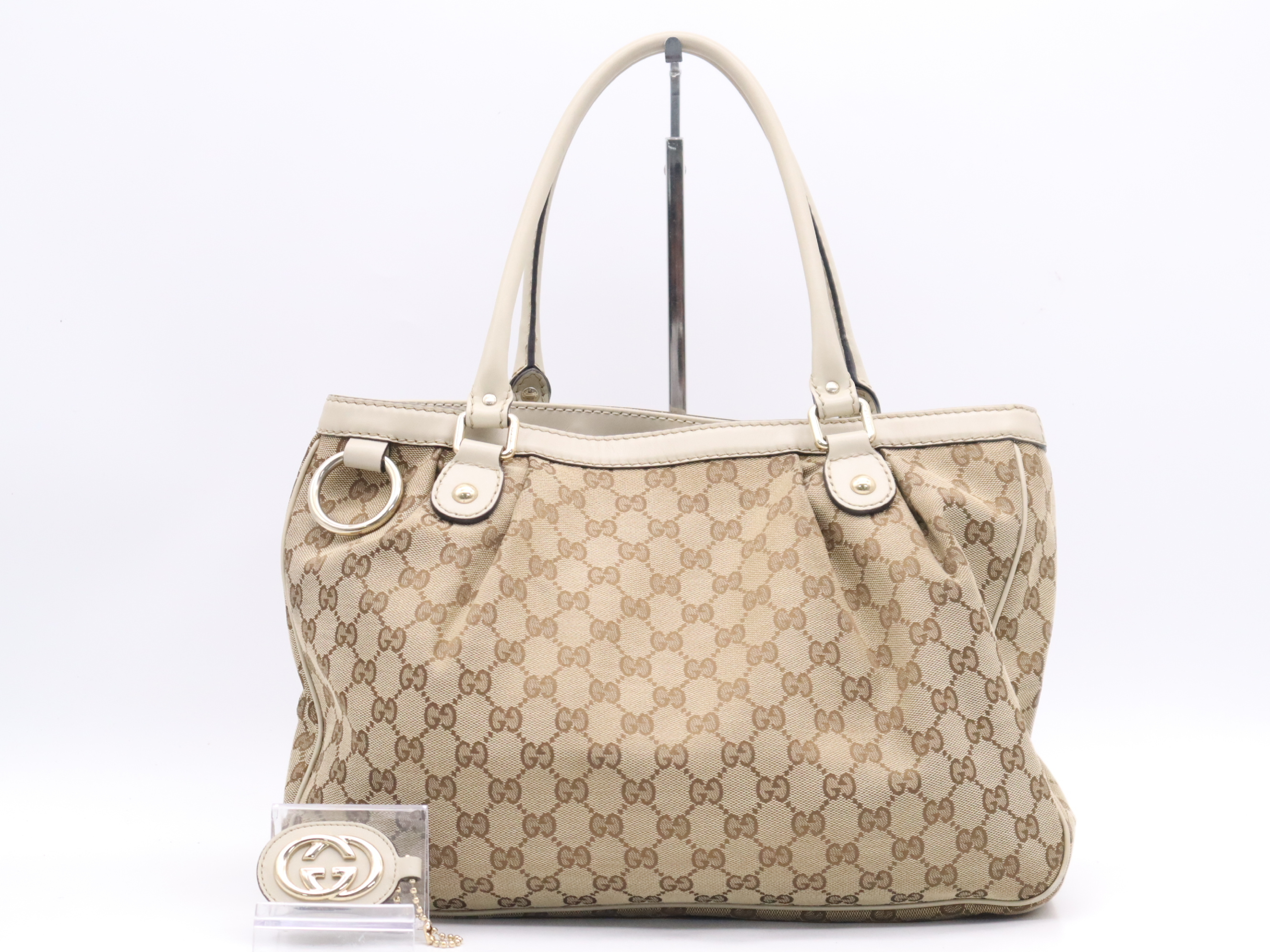 296835 Canvas x Leather GG Canvas Sukey Tote Bag Beige Gold Hardware with Charm