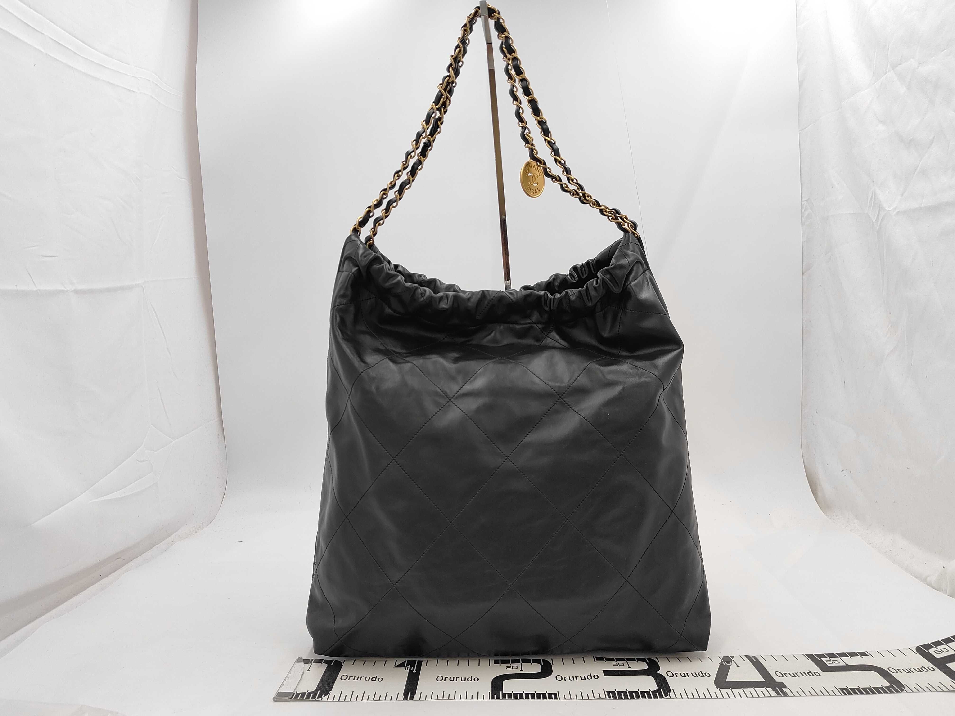 22 Shiny Calfskin Chain Shoulder Bag with Gold Hardware and Pouch, Serial Number Plate, Black Bag — view 2