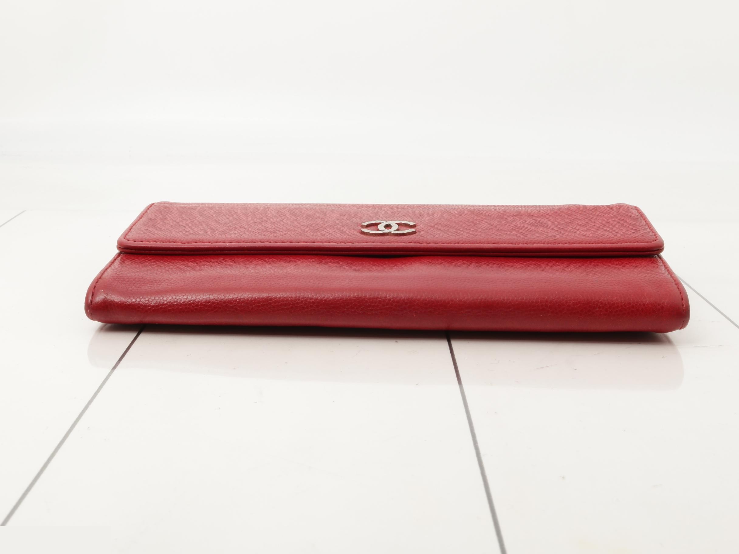 Coco Mark Caviar Skin Flap Long Wallet, Red, Silver Hardware — view 3