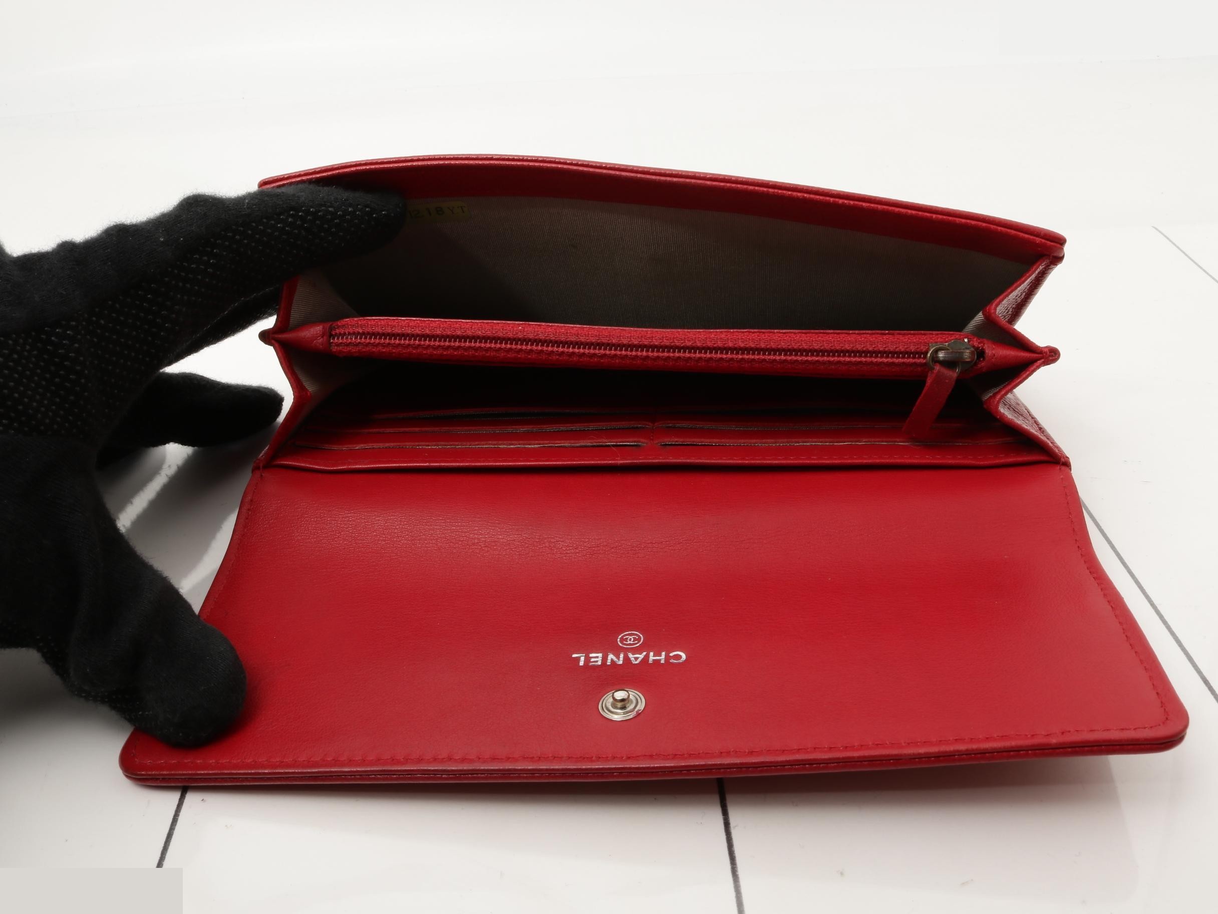 Coco Mark Caviar Skin Flap Long Wallet, Red, Silver Hardware — view 4