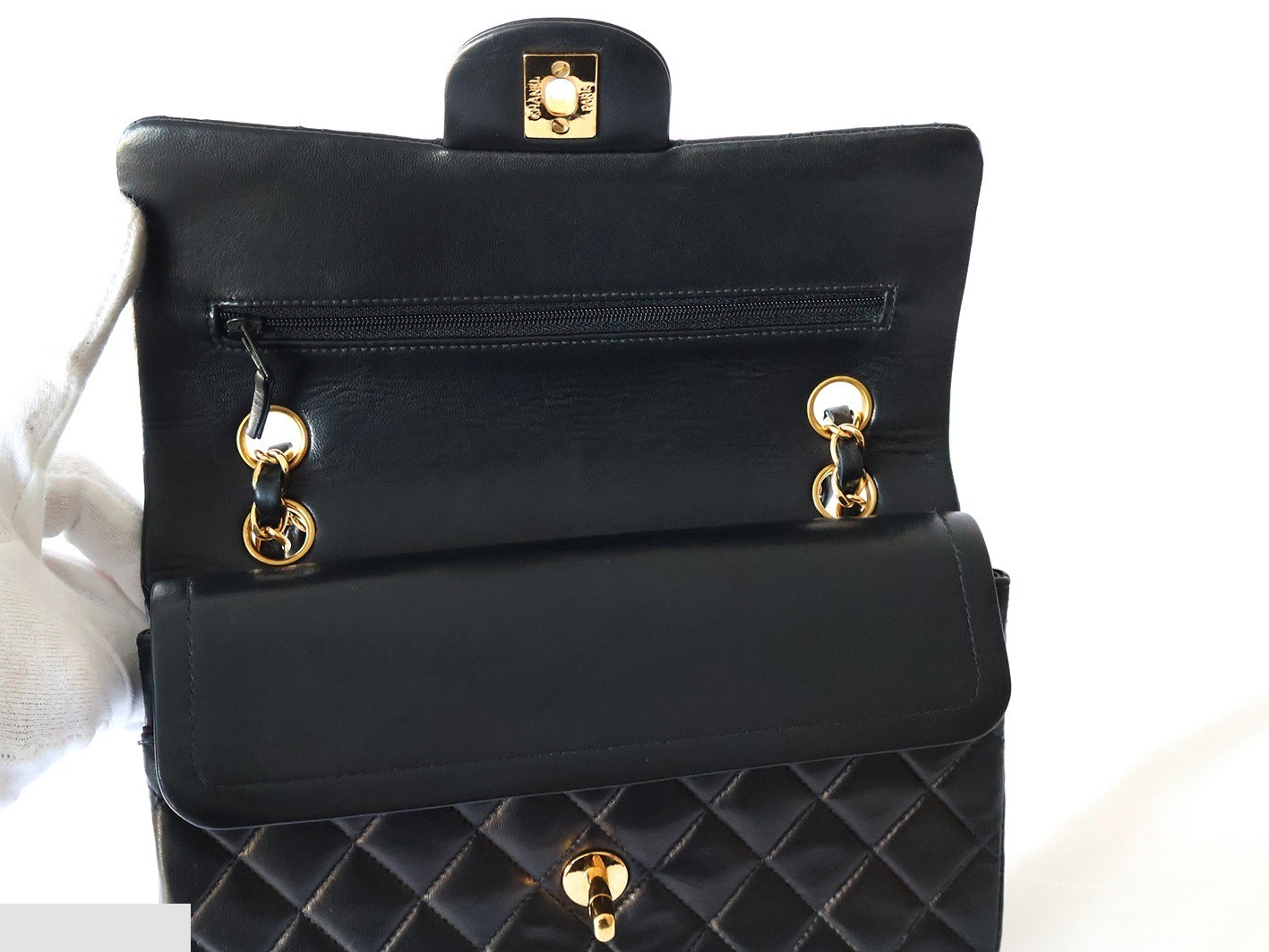 Matelassé 23 Lambskin Double Flap Double Chain Shoulder Bag, Black — view 10