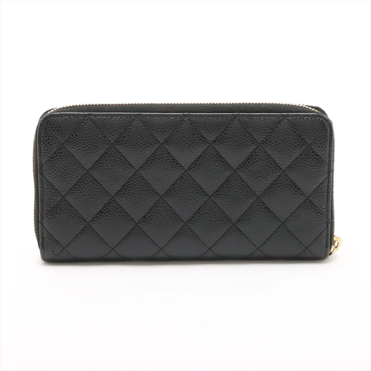 Matelassé Caviar Skin Round Zip Wallet, Black with Gold Hardware, 21857686 — view 2