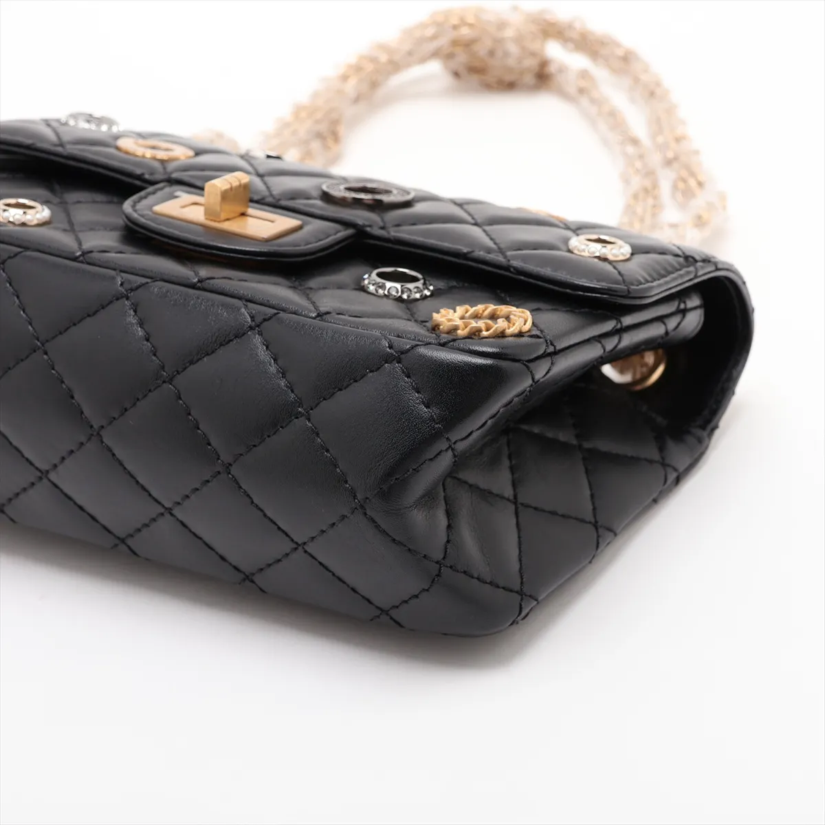 Matelassé 2.55 Mini Leather Single Flap Double Chain Bag, Black with Gold and Silver Hardware, PCJCUKX3, Random Plate, AS0874 — view 3