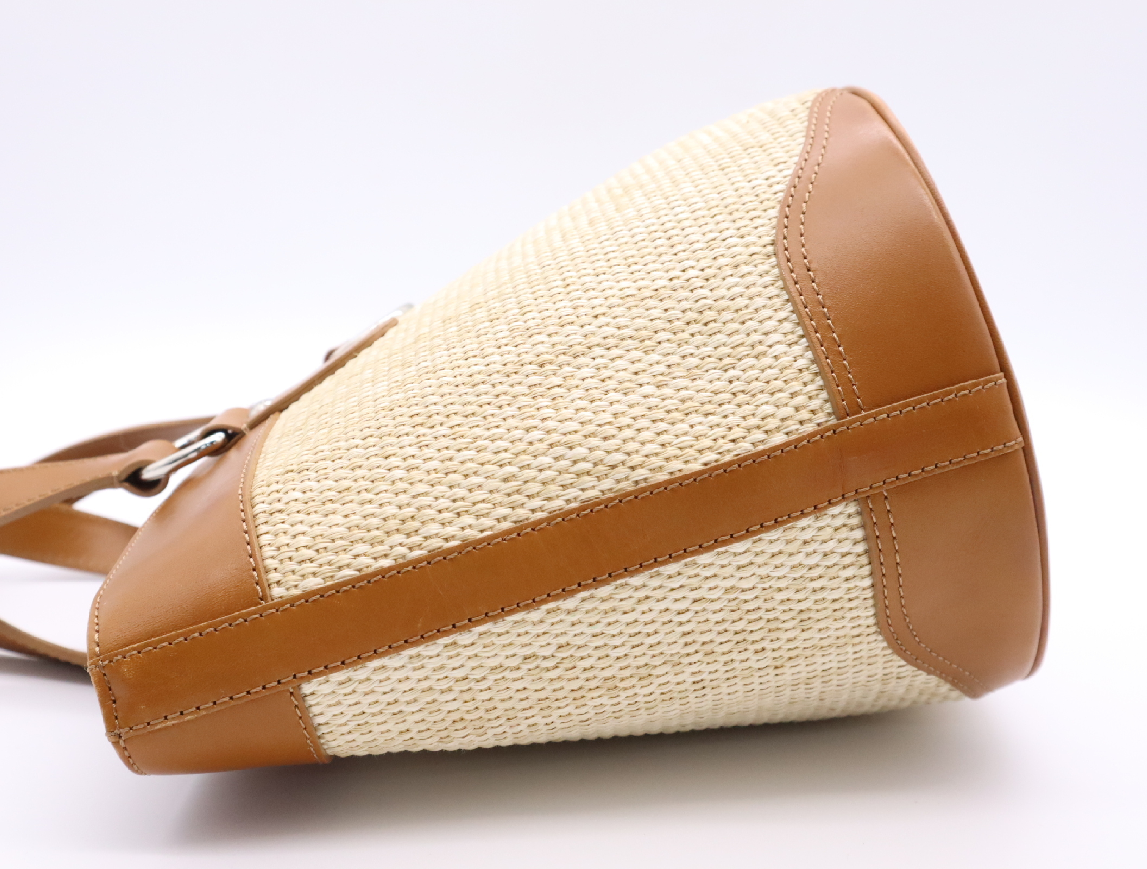 Raffia/Leather Logo Straw Bag, Beige/Brown Handbag — view 2
