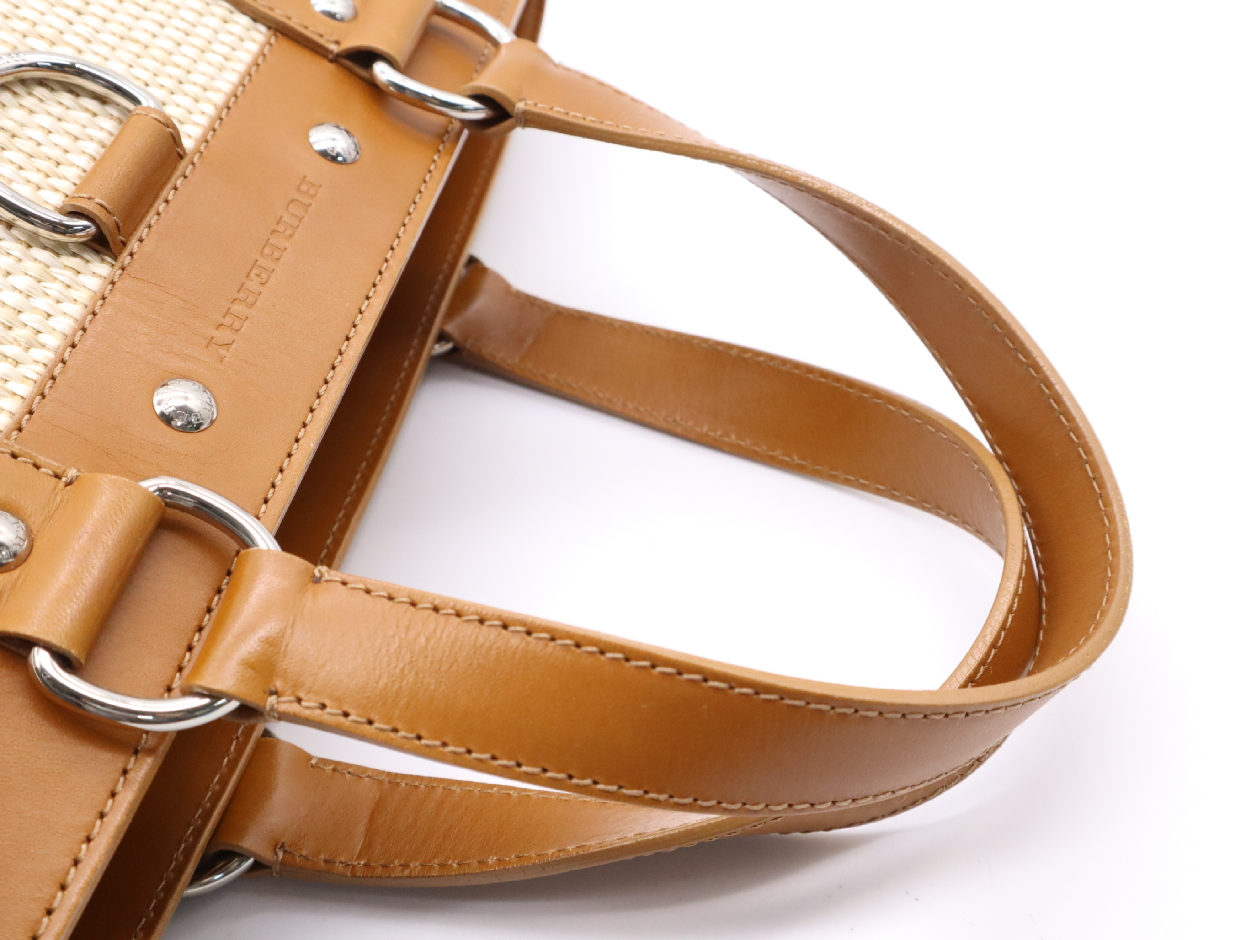 Raffia/Leather Logo Straw Bag, Beige/Brown Handbag — view 13