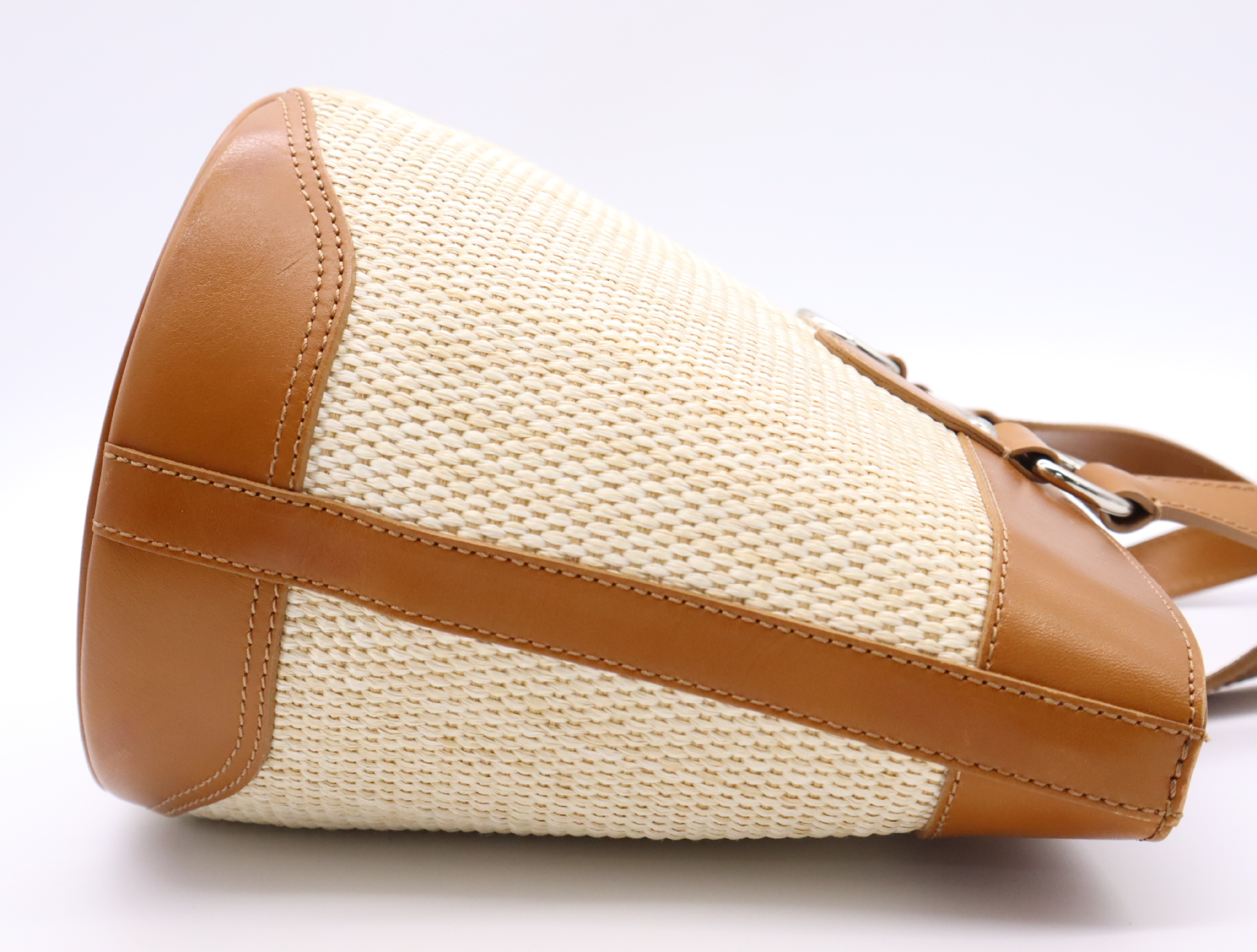 Raffia/Leather Logo Straw Bag, Beige/Brown Handbag — view 6