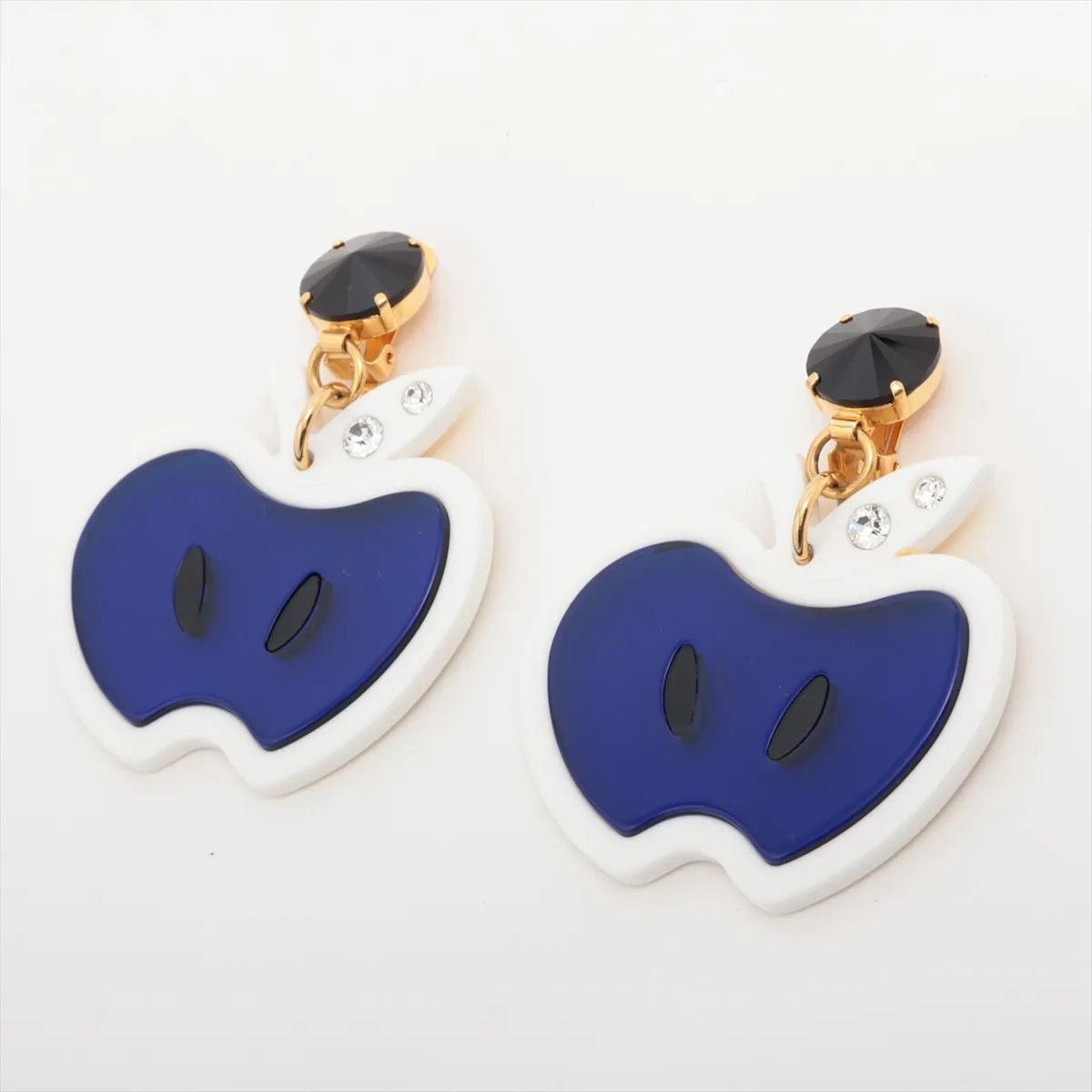 Apple Earrings (Pair) GP x Plastic x Rhinestone Blue x White — view 3