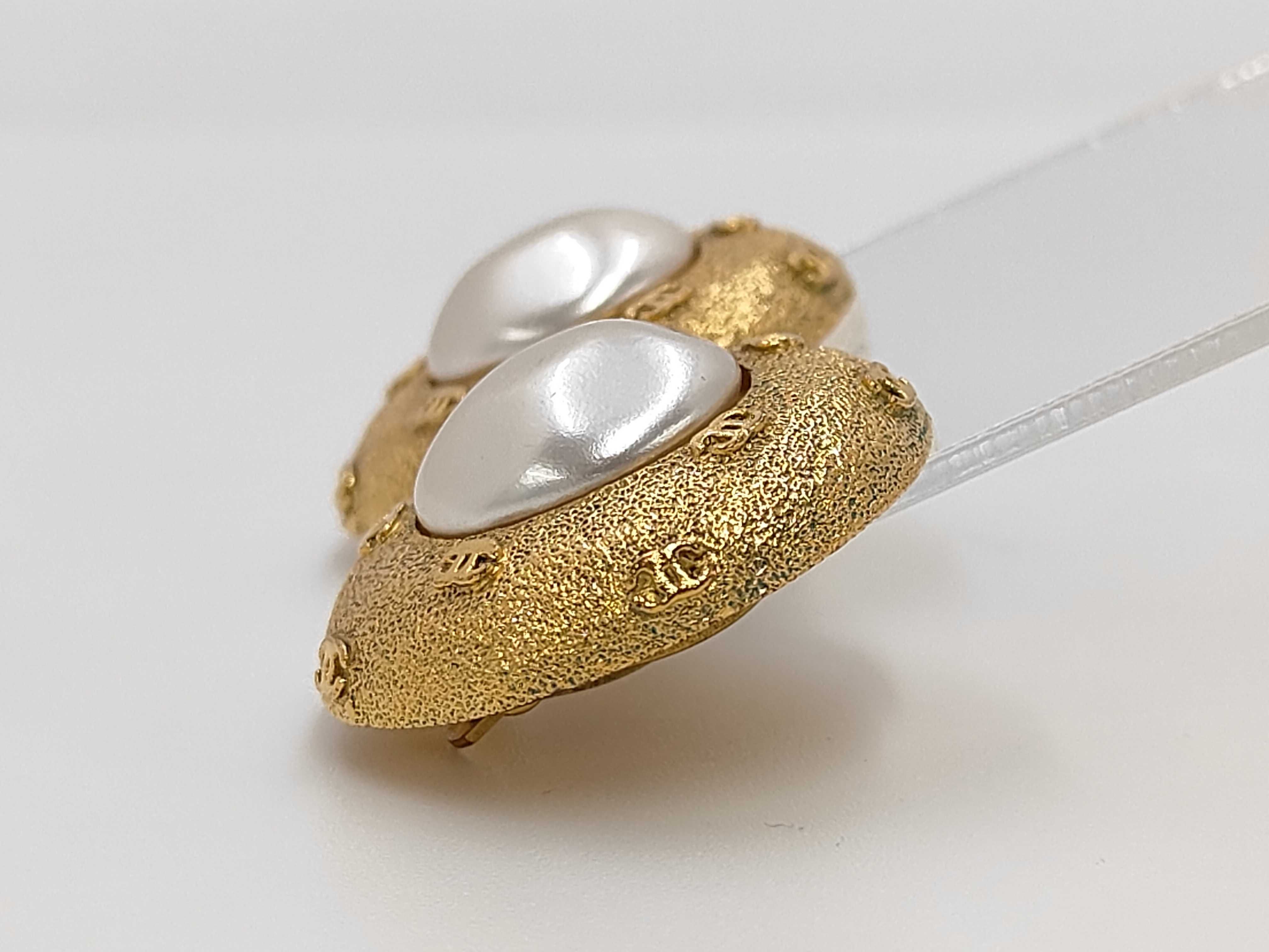 Gold Plated Faux Pearl Vintage Coco Mark Earrings — view 3