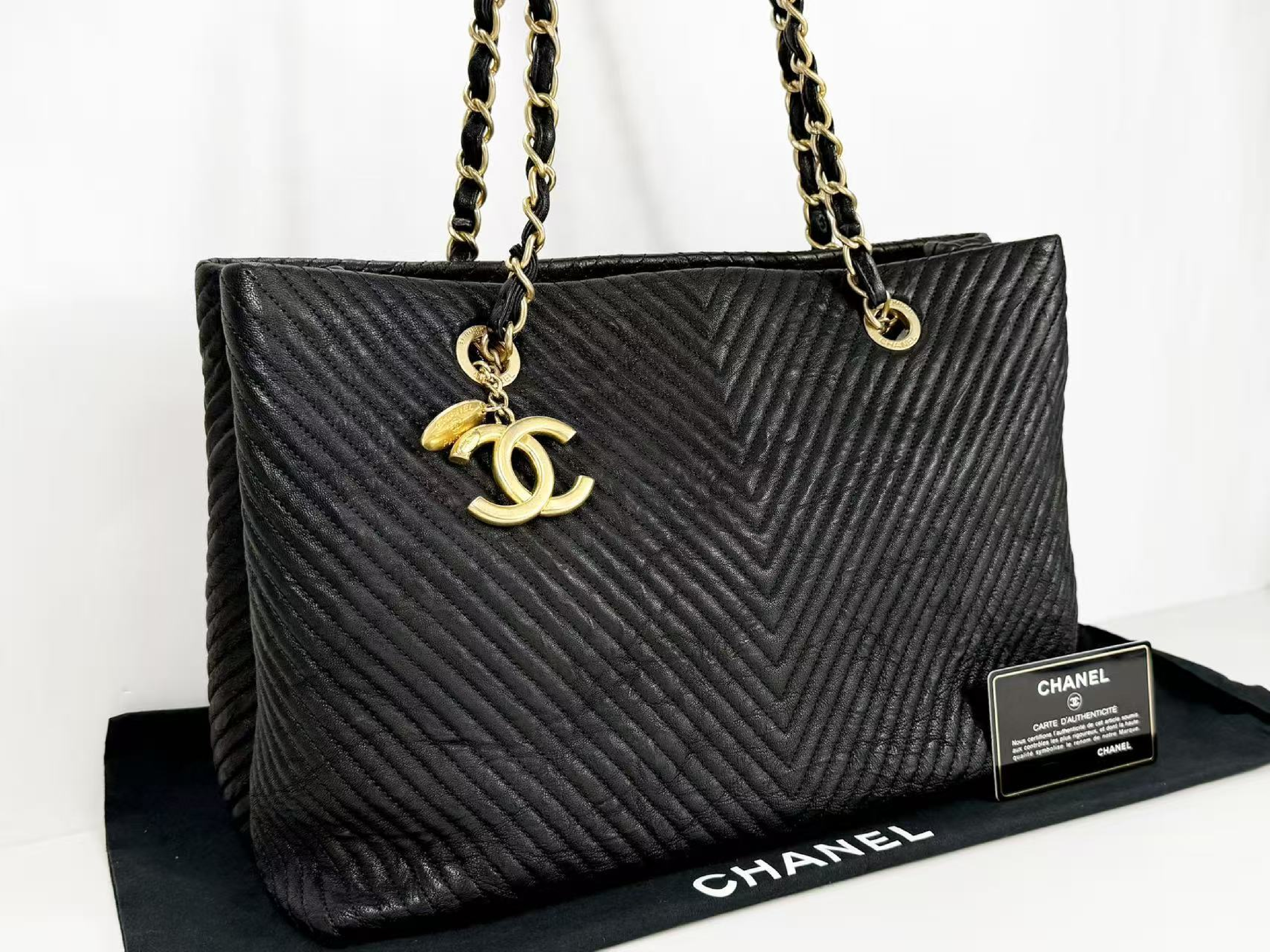 Black Chevron Wrinkled Coco Coin Charm Tote Bag, W35/H23/D15cm (approx.), Serial Number , with Authenticity Card, Dust Bag, and Seal. Vintage Gold Hardware. 21776726 Tote Bag — view 2