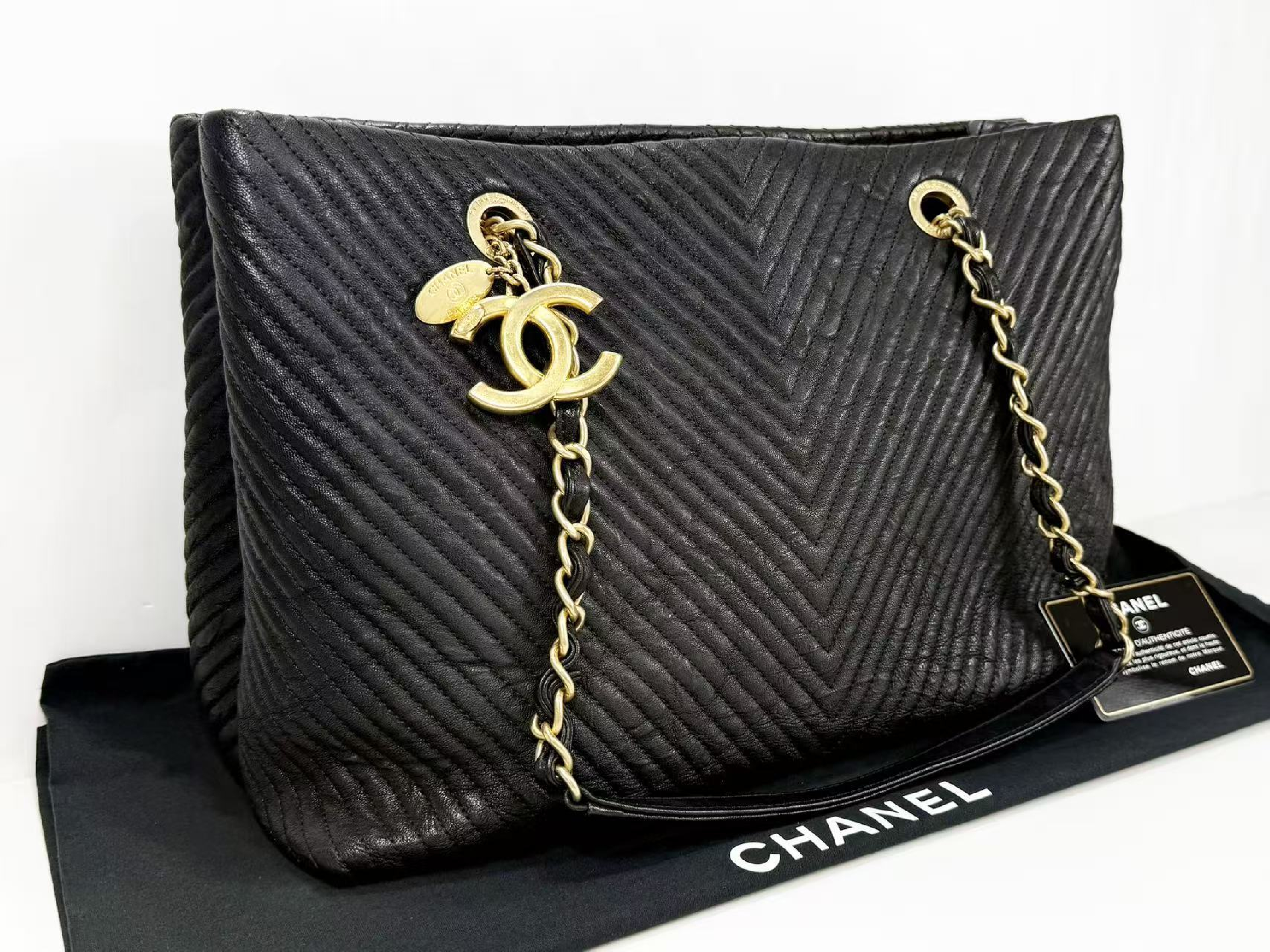 Black Chevron Wrinkled Coco Coin Charm Tote Bag, W35/H23/D15cm (approx.), Serial Number , with Authenticity Card, Dust Bag, and Seal. Vintage Gold Hardware. 21776726 Tote Bag — view 3