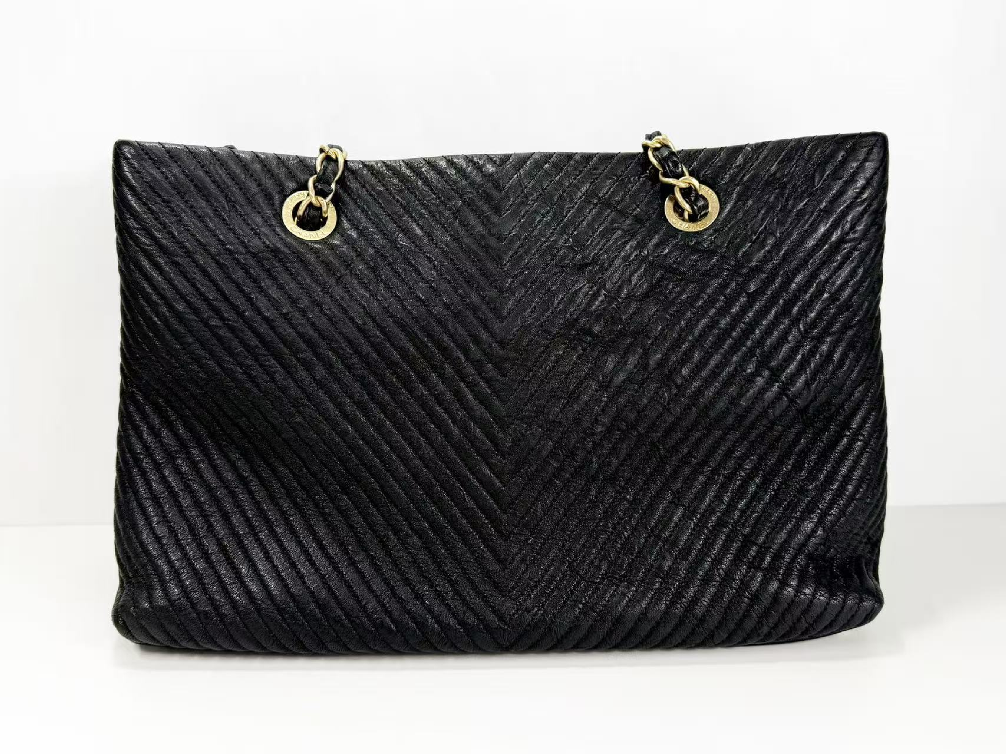 Black Chevron Wrinkled Coco Coin Charm Tote Bag, W35/H23/D15cm (approx.), Serial Number , with Authenticity Card, Dust Bag, and Seal. Vintage Gold Hardware. 21776726 Tote Bag — view 4