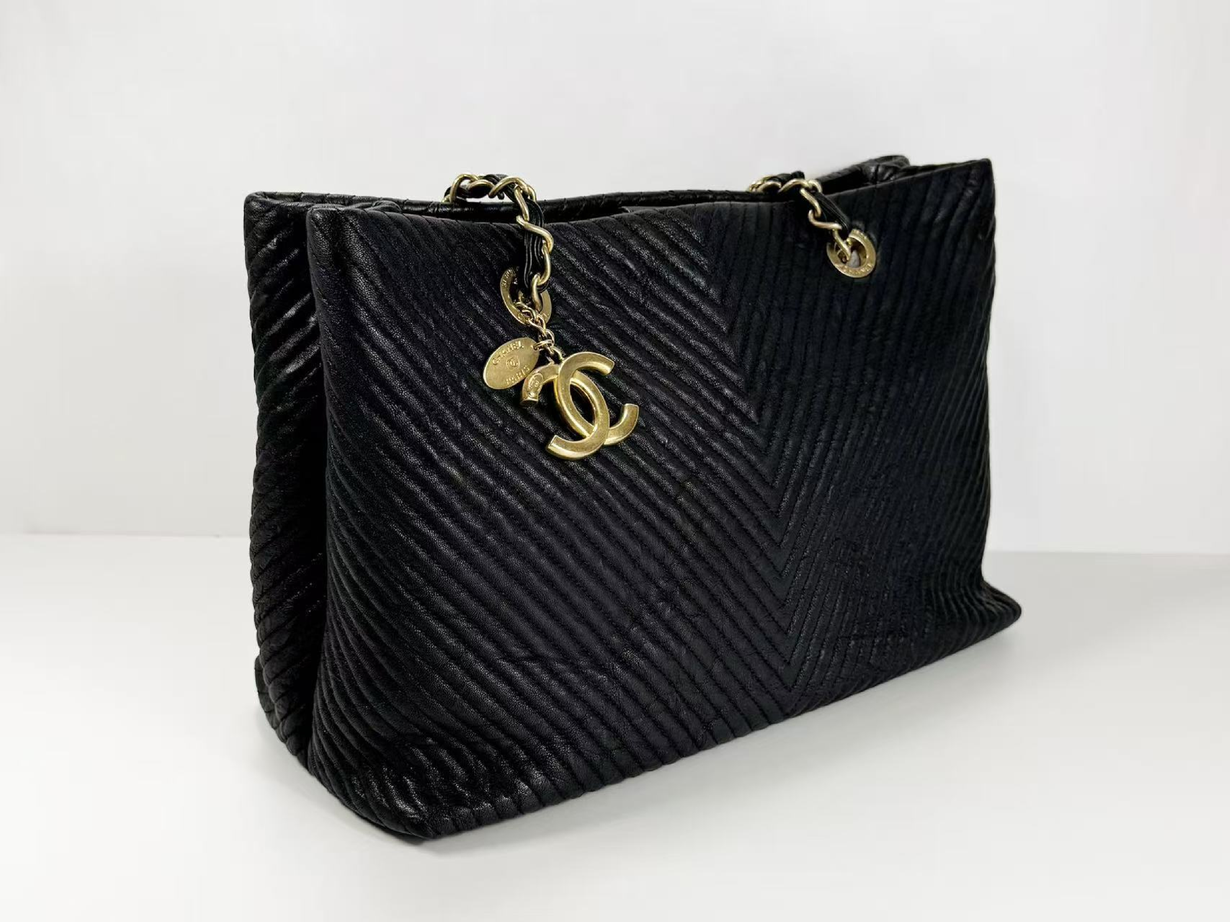 Black Chevron Wrinkled Coco Coin Charm Tote Bag, W35/H23/D15cm (approx.), Serial Number , with Authenticity Card, Dust Bag, and Seal. Vintage Gold Hardware. 21776726 Tote Bag — view 7