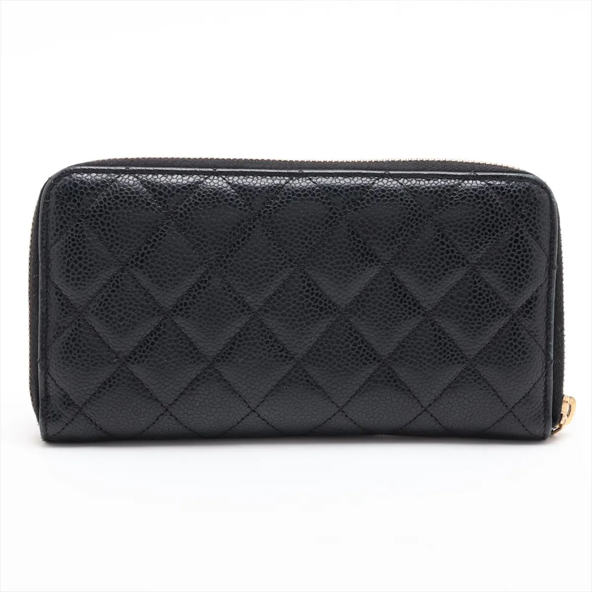 Matelassé Caviar Skin Round Zip Wallet, Black with Gold Hardware, 18409285 — view 2