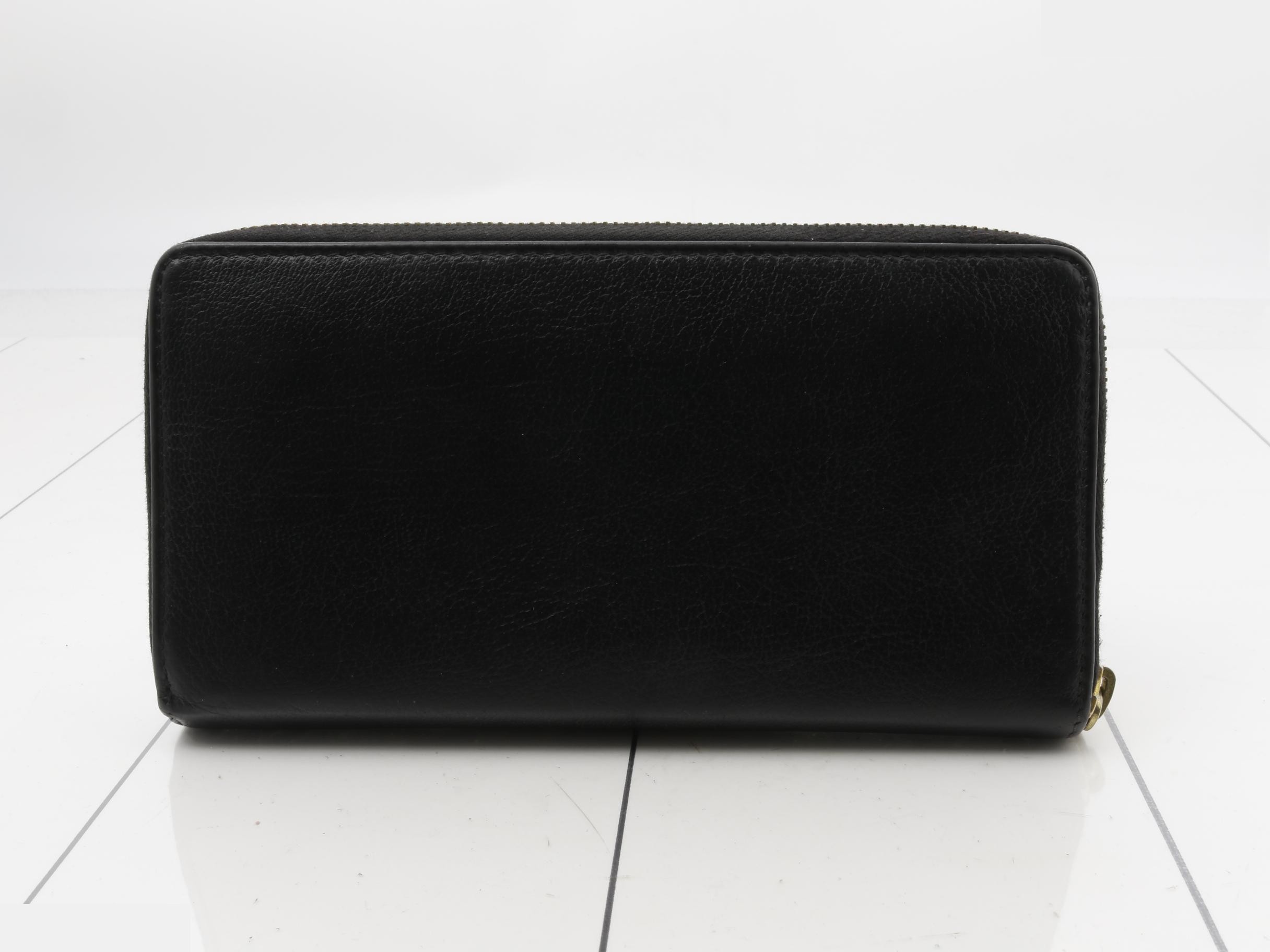 Leather YSL logo round zipper long wallet, black — view 2