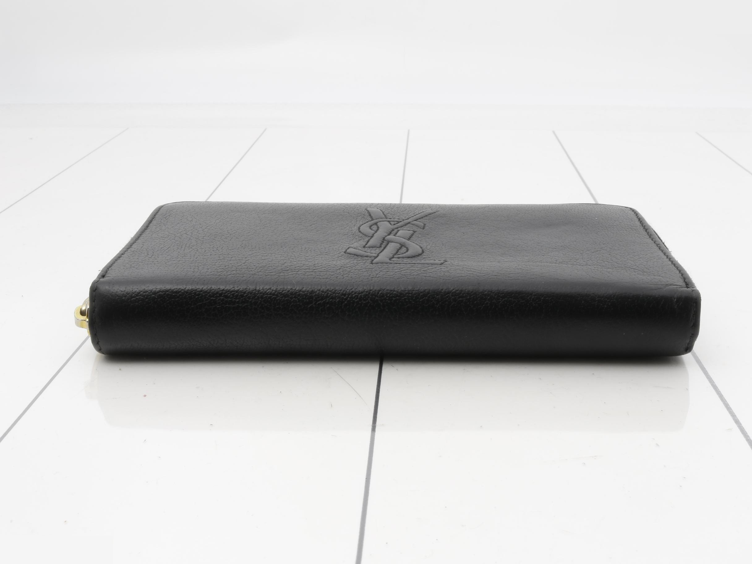 Leather YSL logo round zipper long wallet, black — view 3