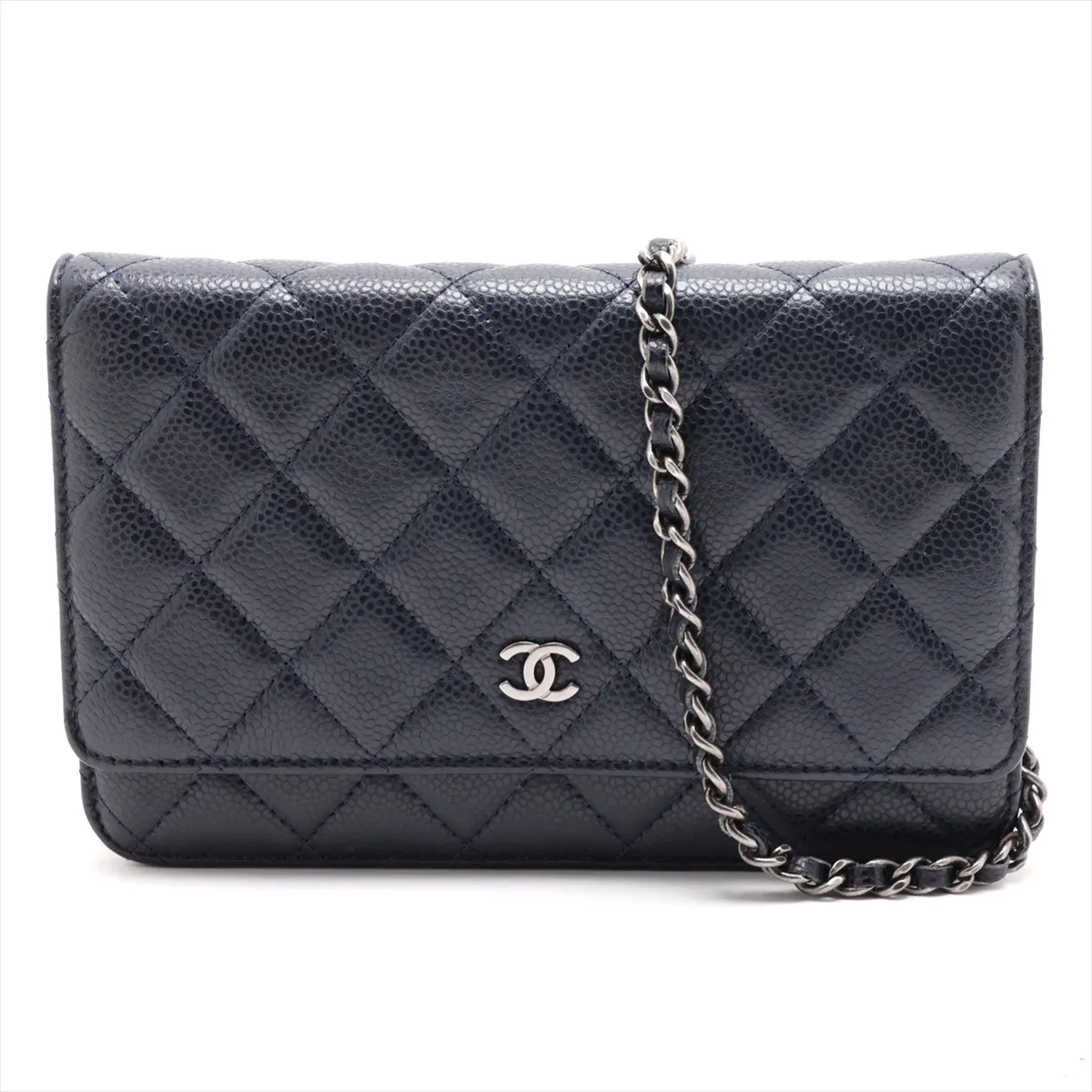 Matelassé Caviar Skin Chain Wallet, Navy, Gunmetal Hardware, 21345712, Serial Number 21