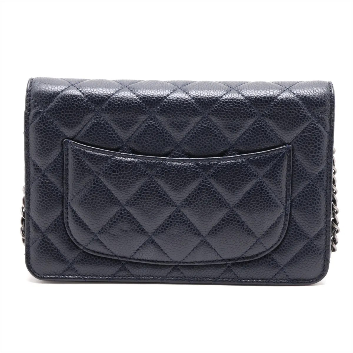 Matelassé Caviar Skin Chain Wallet, Navy, Gunmetal Hardware, 21345712, Serial Number 21 — view 2