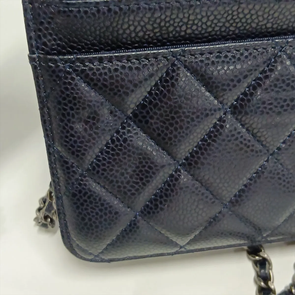 Matelassé Caviar Skin Chain Wallet, Navy, Gunmetal Hardware, 21345712, Serial Number 21 — view 13