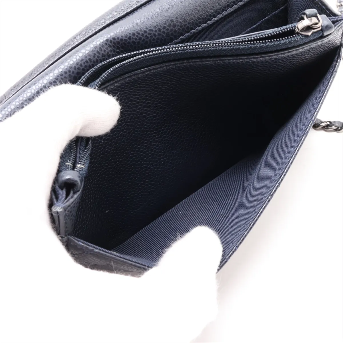 Matelassé Caviar Skin Chain Wallet, Navy, Gunmetal Hardware, 21345712, Serial Number 21 — view 6