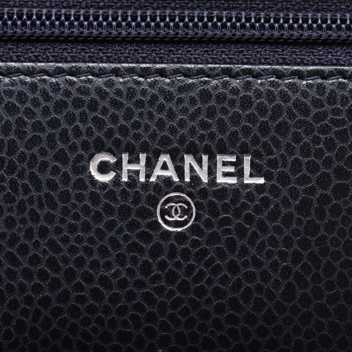 Matelassé Caviar Skin Chain Wallet, Navy, Gunmetal Hardware, 21345712, Serial Number 21 — view 9