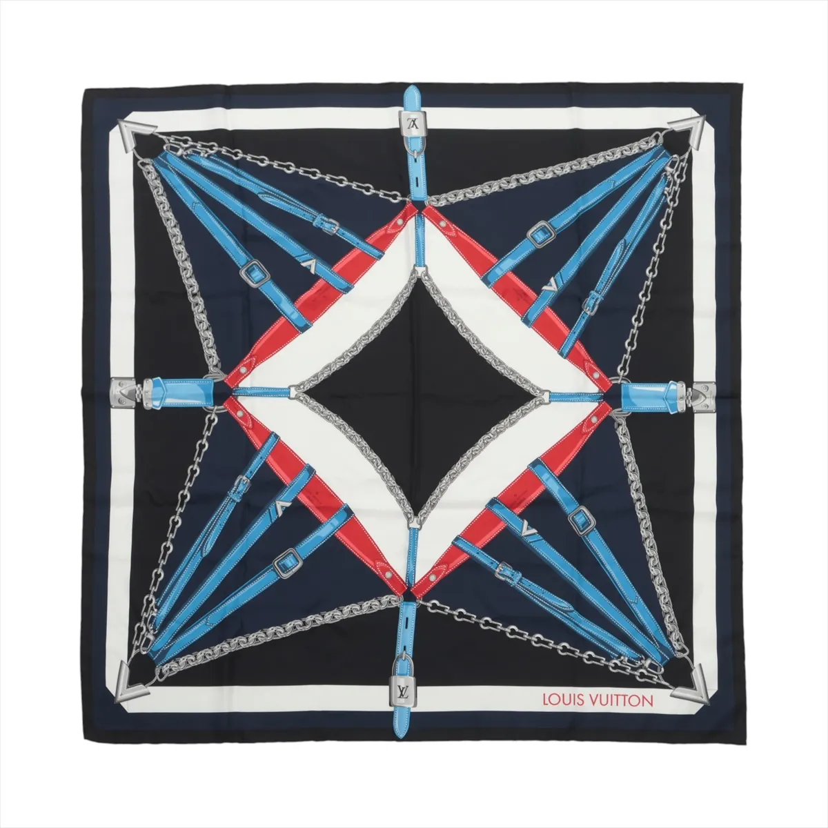 CM0137 Scarf, Silk, Black x Navy, Slight wear and snags, M78675 Carre un Chained
