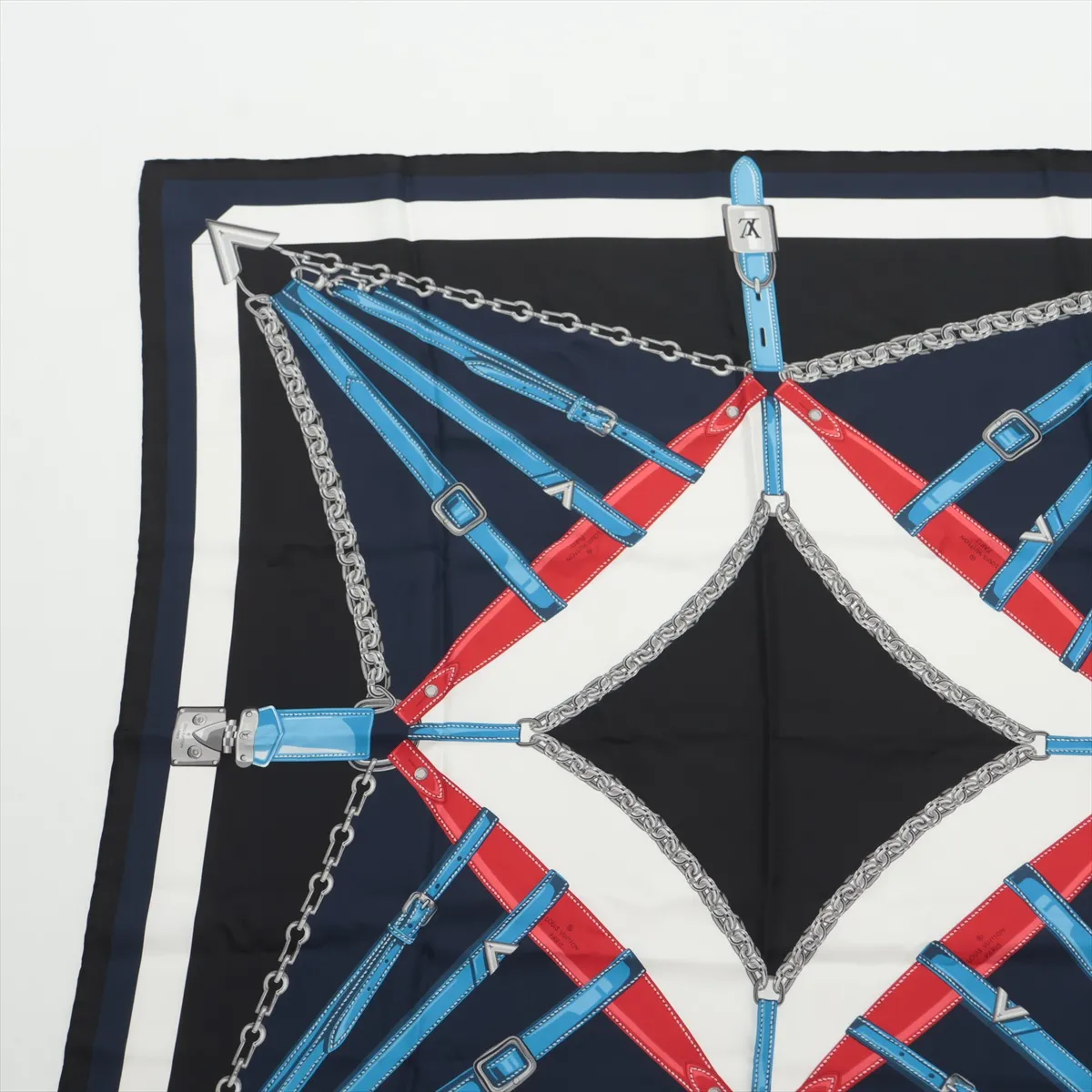 CM0137 Scarf, Silk, Black x Navy, Slight wear and snags, M78675 Carre un Chained — view 2