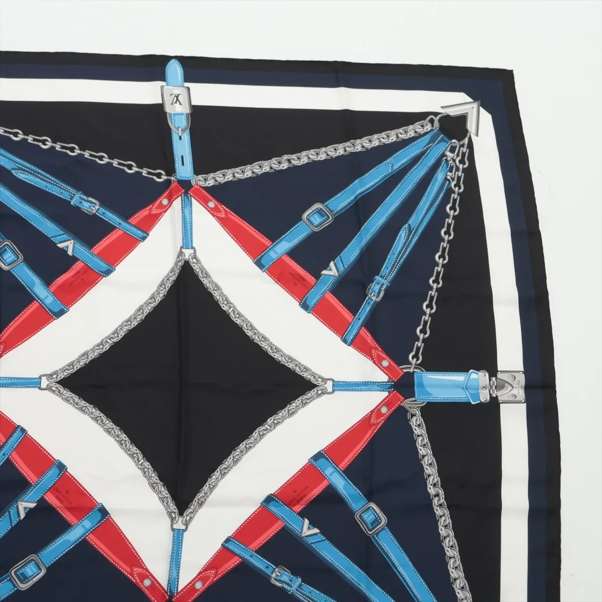 CM0137 Scarf, Silk, Black x Navy, Slight wear and snags, M78675 Carre un Chained — view 3