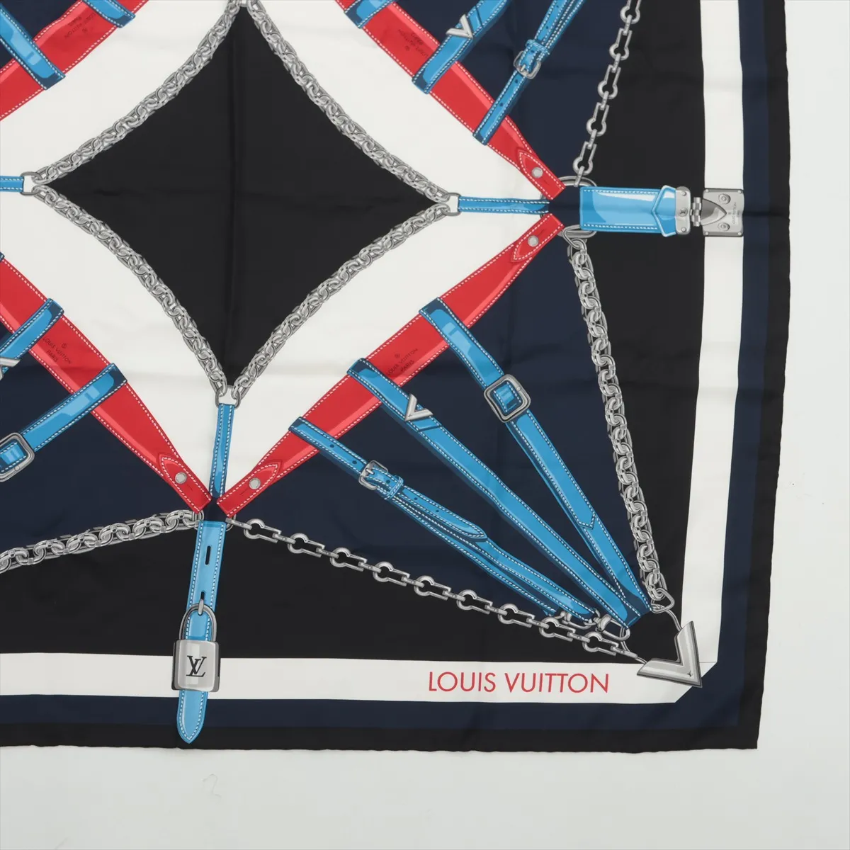 CM0137 Scarf, Silk, Black x Navy, Slight wear and snags, M78675 Carre un Chained — view 4