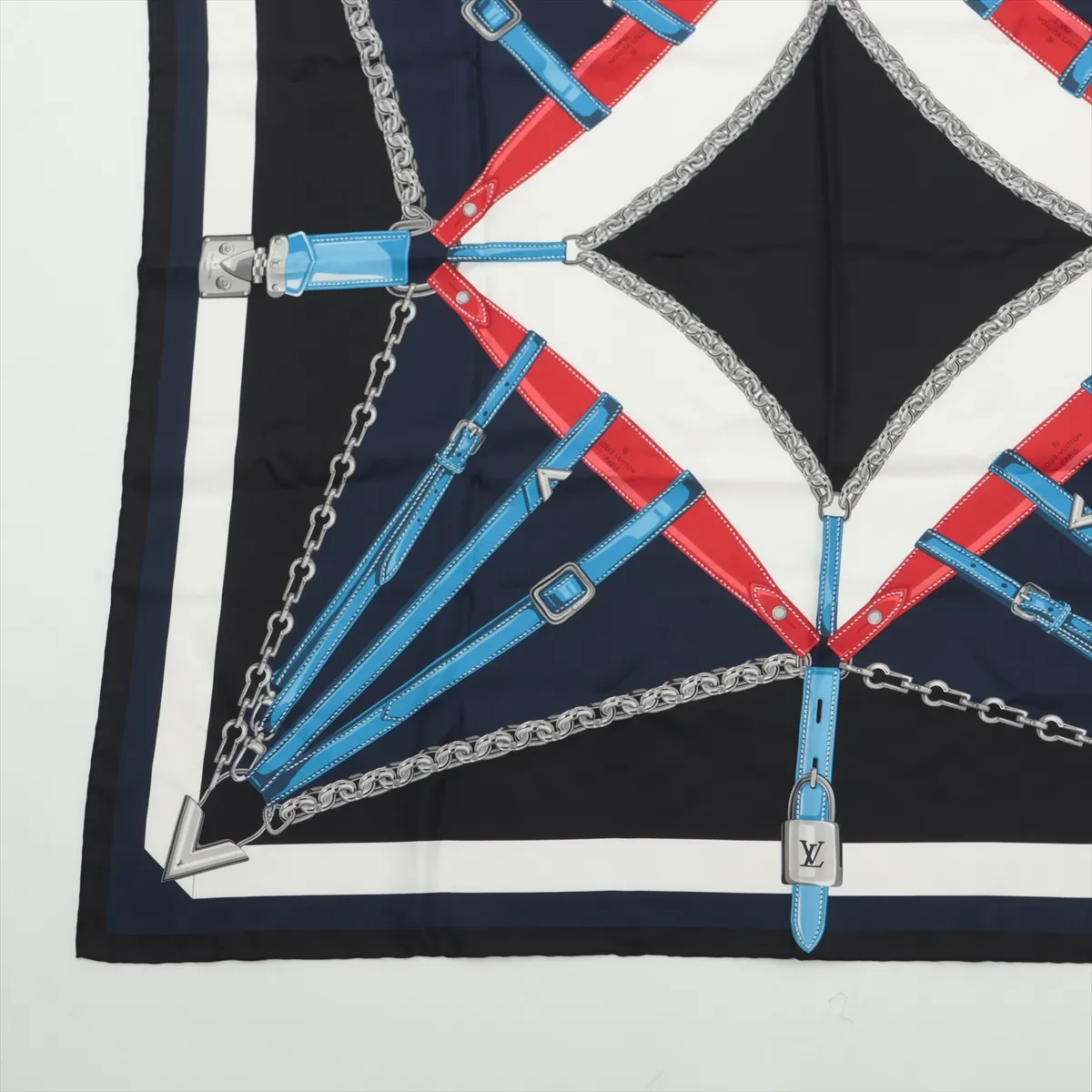 CM0137 Scarf, Silk, Black x Navy, Slight wear and snags, M78675 Carre un Chained — view 5
