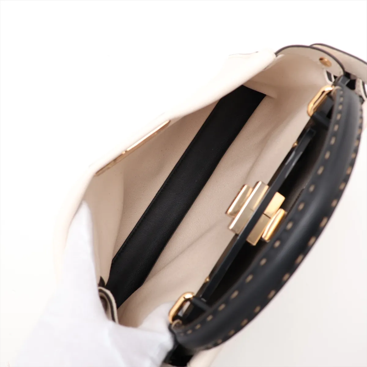 Peekaboo Regular Leather 2-Way Handbag, Beige x Black, 8BN290 — view 9