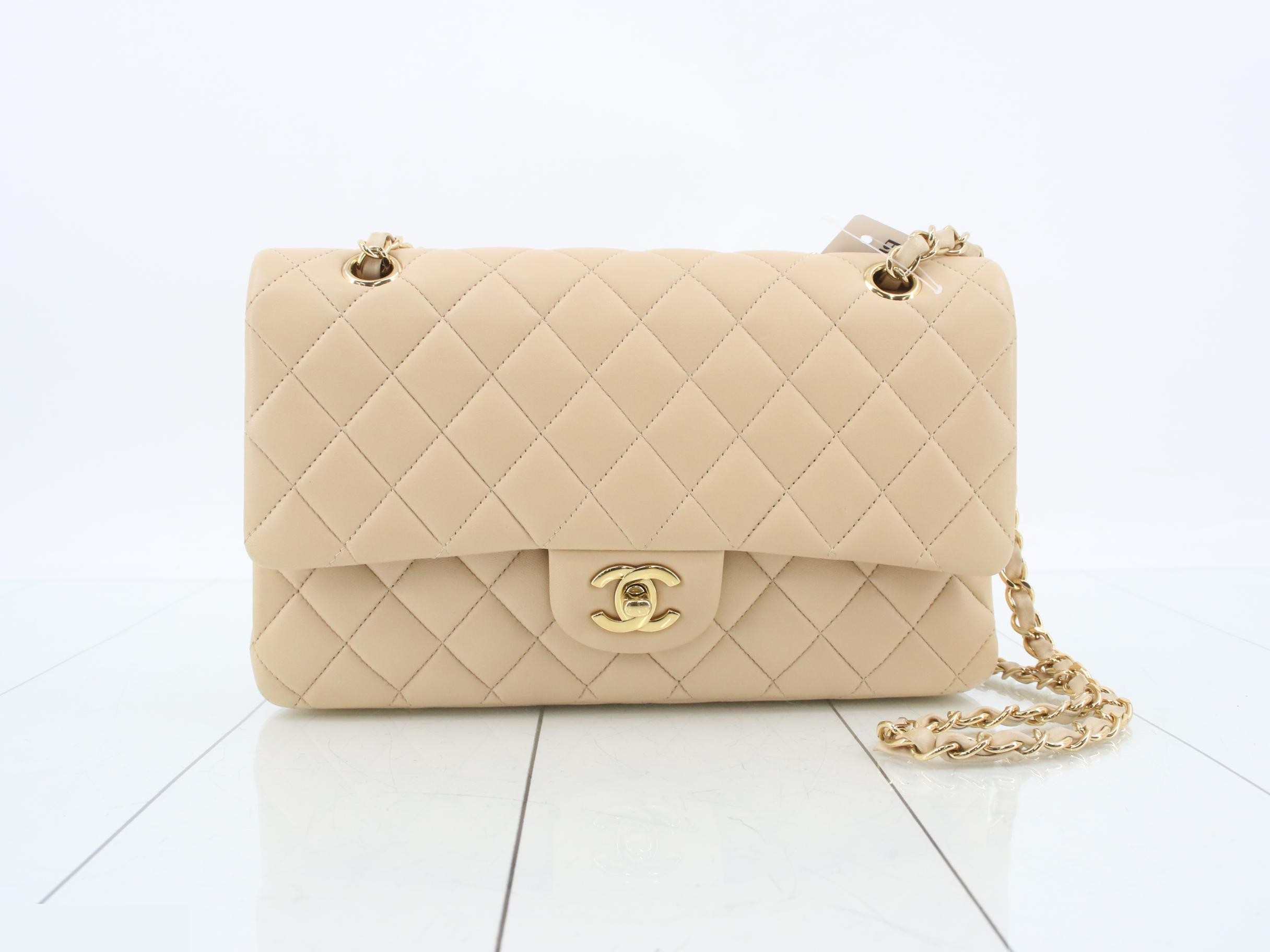 Matelassé Lambskin Double Flap Double Chain Shoulder Bag, Beige