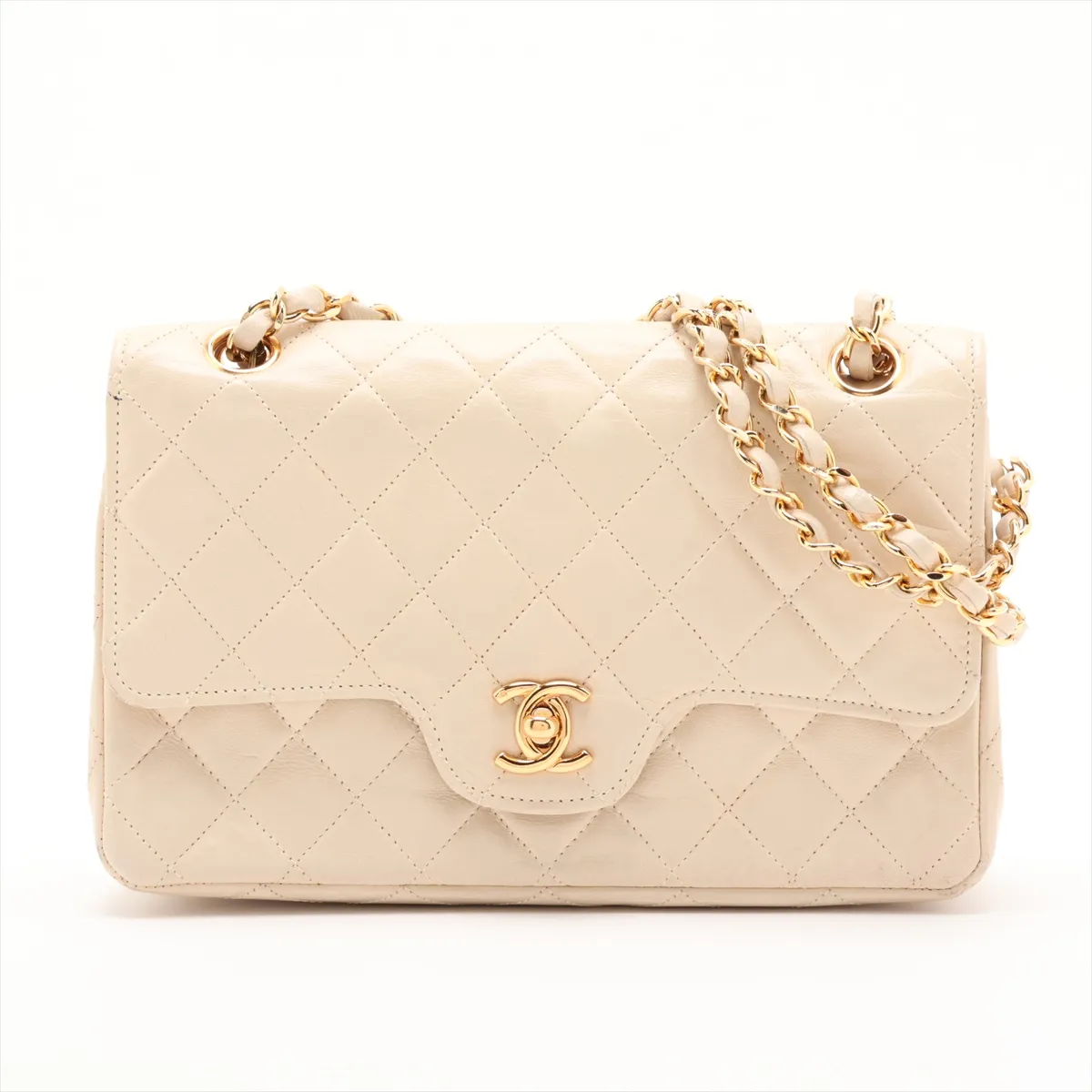 Matelassé Leather Double Flap Double Chain Bag, Beige, Gold Hardware