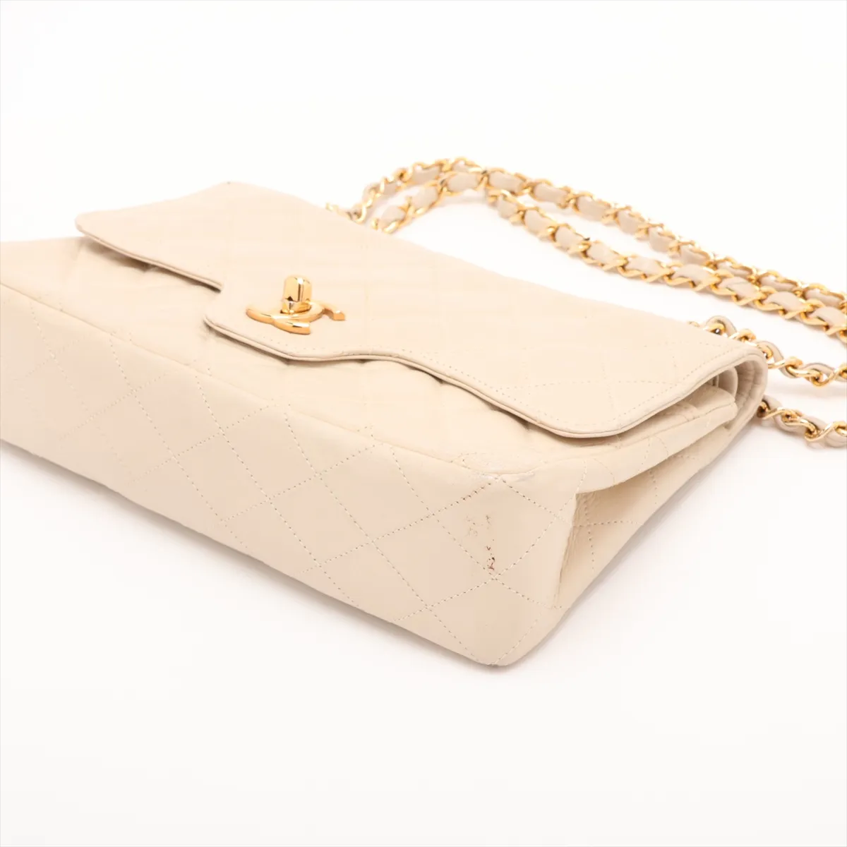 Matelassé Leather Double Flap Double Chain Bag, Beige, Gold Hardware — view 3