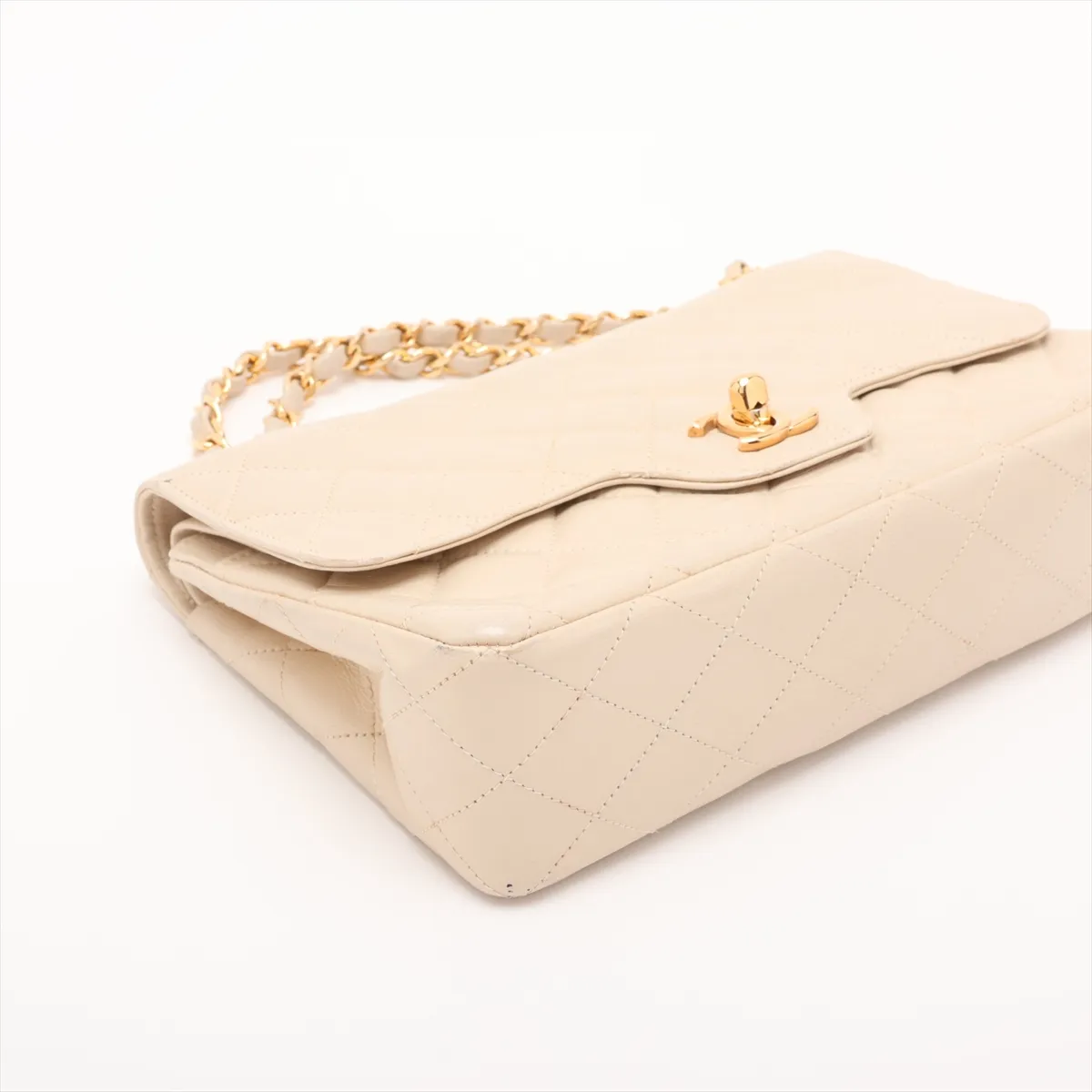Matelassé Leather Double Flap Double Chain Bag, Beige, Gold Hardware — view 4