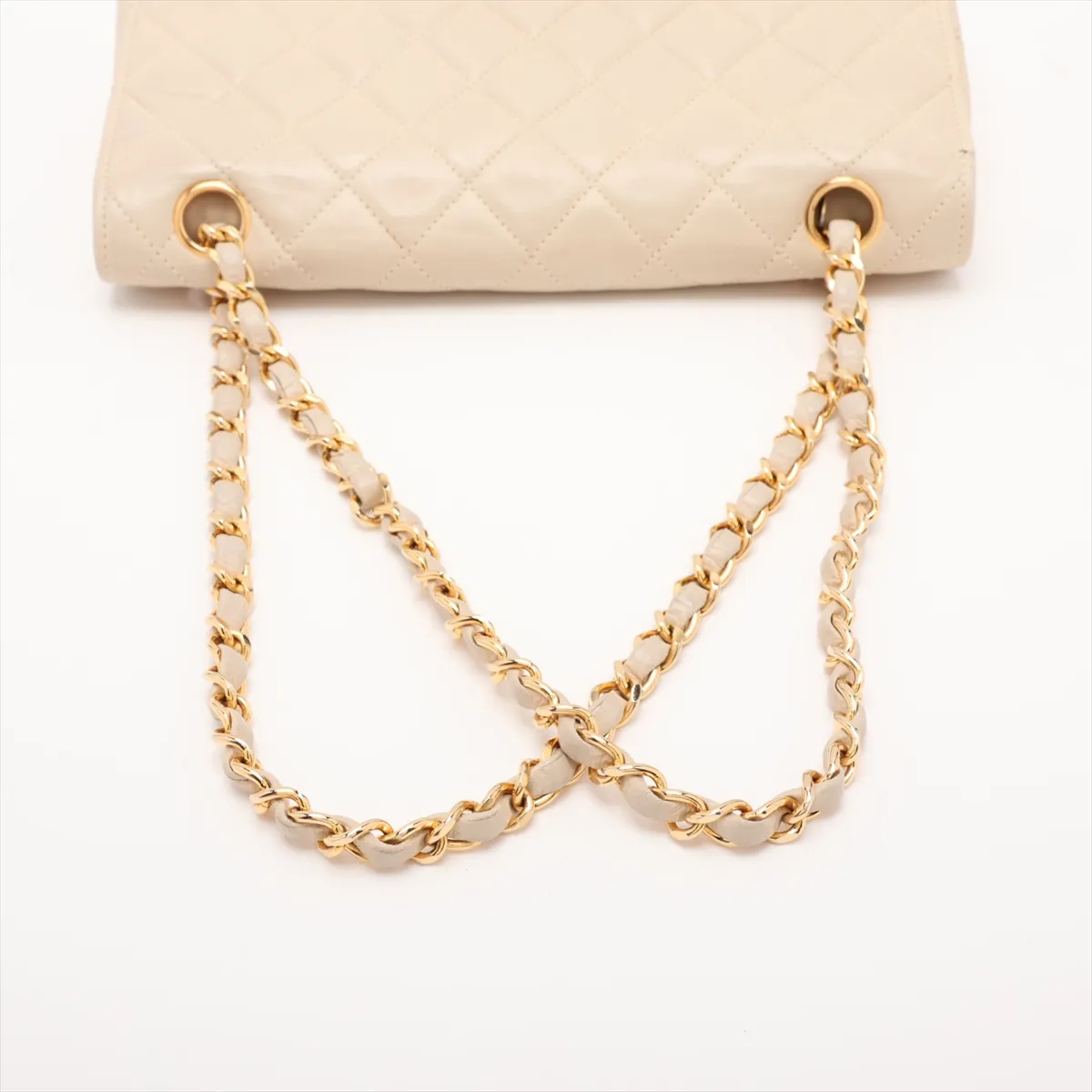 Matelassé Leather Double Flap Double Chain Bag, Beige, Gold Hardware — view 5