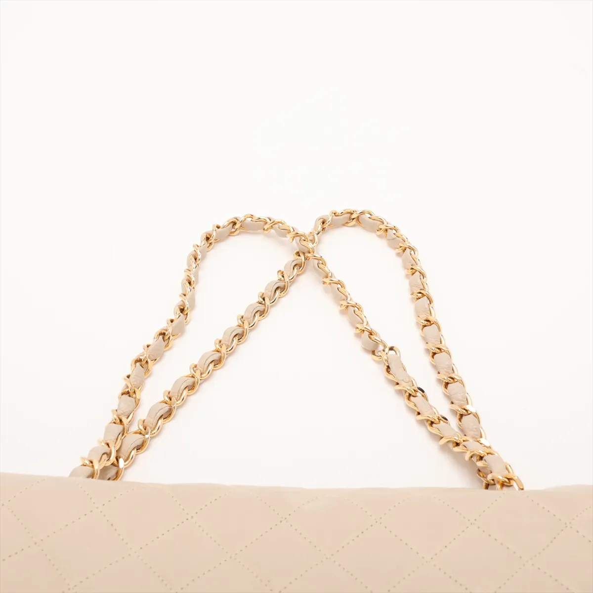 Matelassé Leather Double Flap Double Chain Bag, Beige, Gold Hardware — view 6