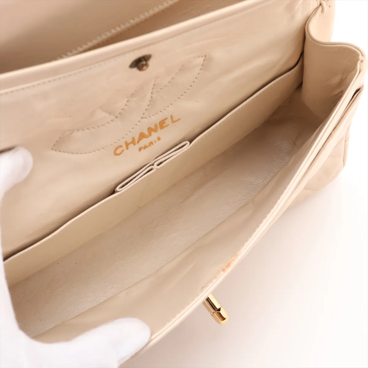 Matelassé Leather Double Flap Double Chain Bag, Beige, Gold Hardware — view 7