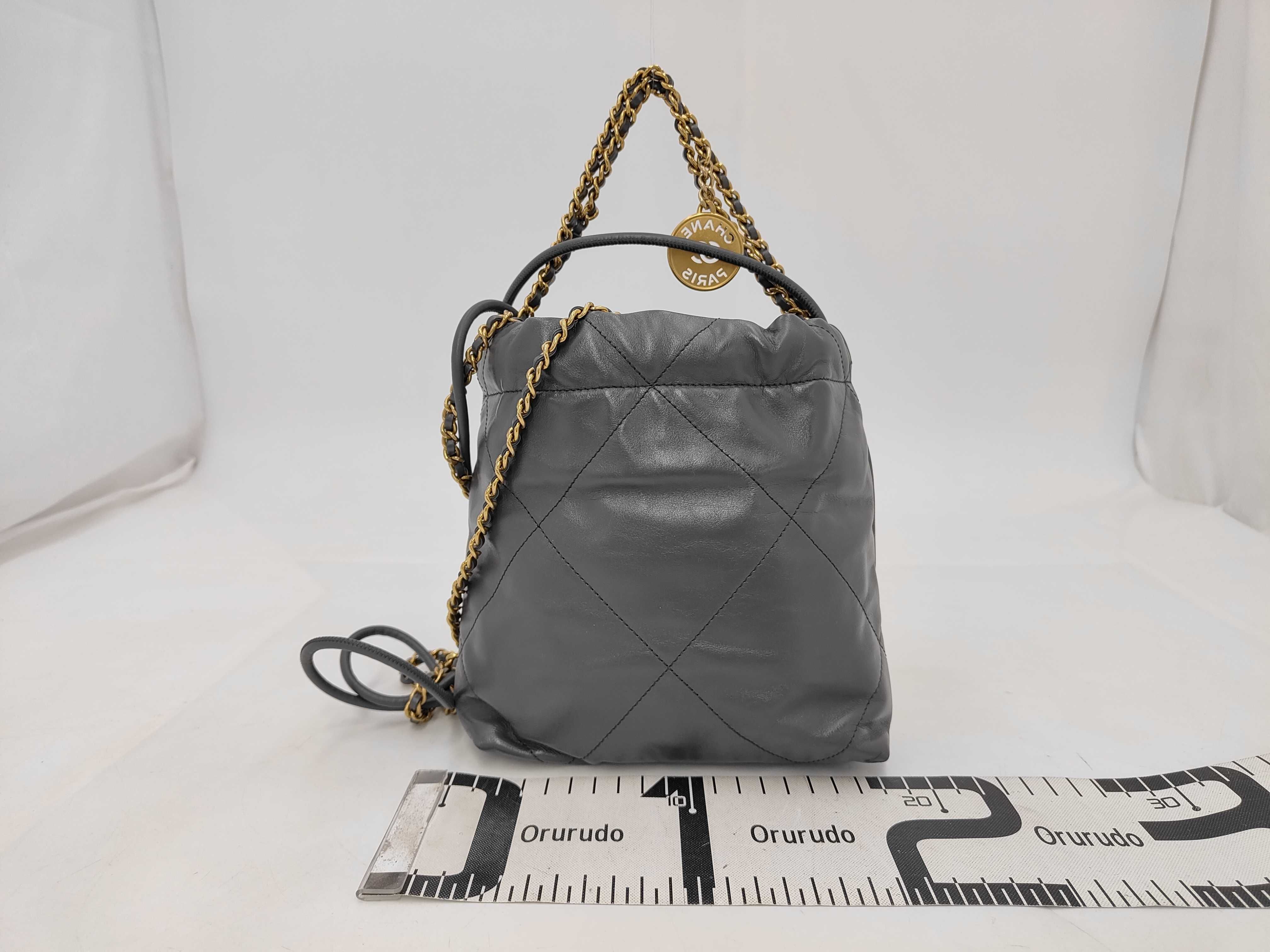 22 Mini Shiny Calfskin Chain Shoulder Bag, Gray with Gold Hardware and Random Plate Design, AS3980 (Shoulder Bag) — view 2