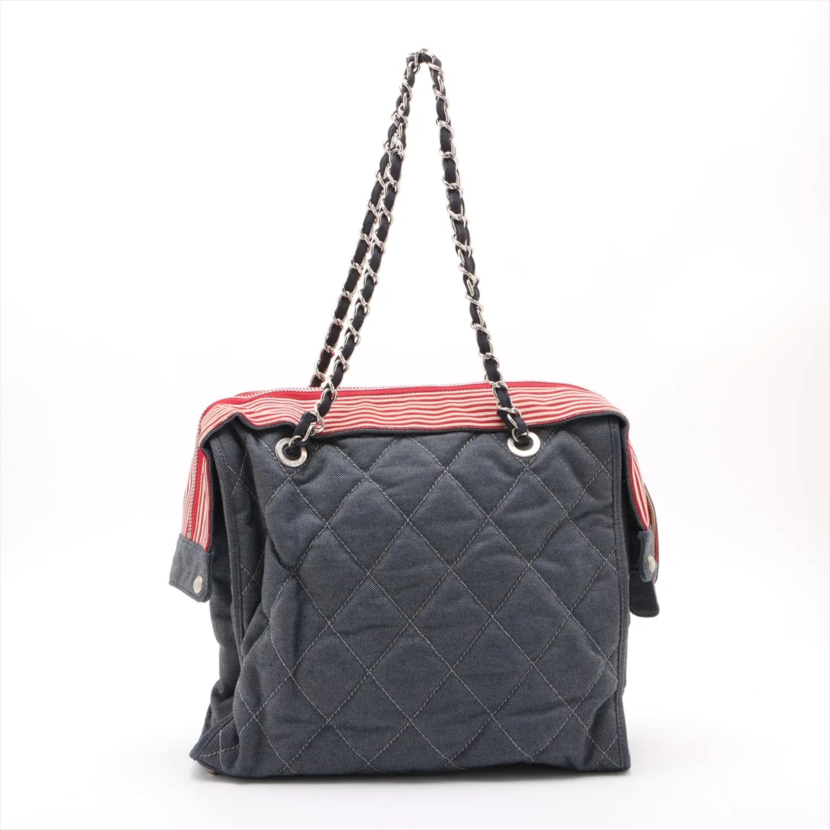 Cruise Line Denim Chain Tote Bag Blue x Red Silver Hardware 14576506 No. 14 — view 2