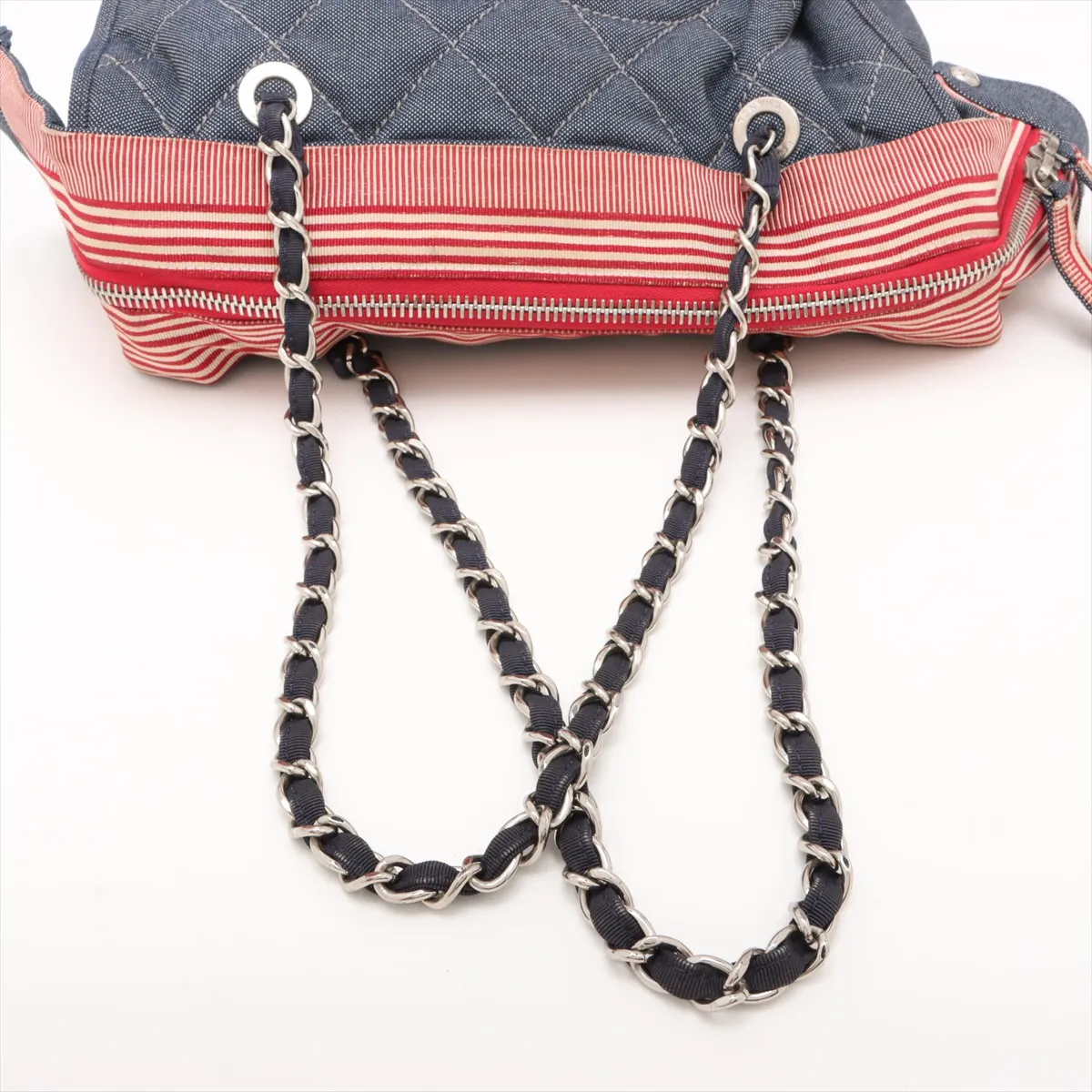 Cruise Line Denim Chain Tote Bag Blue x Red Silver Hardware 14576506 No. 14 — view 5