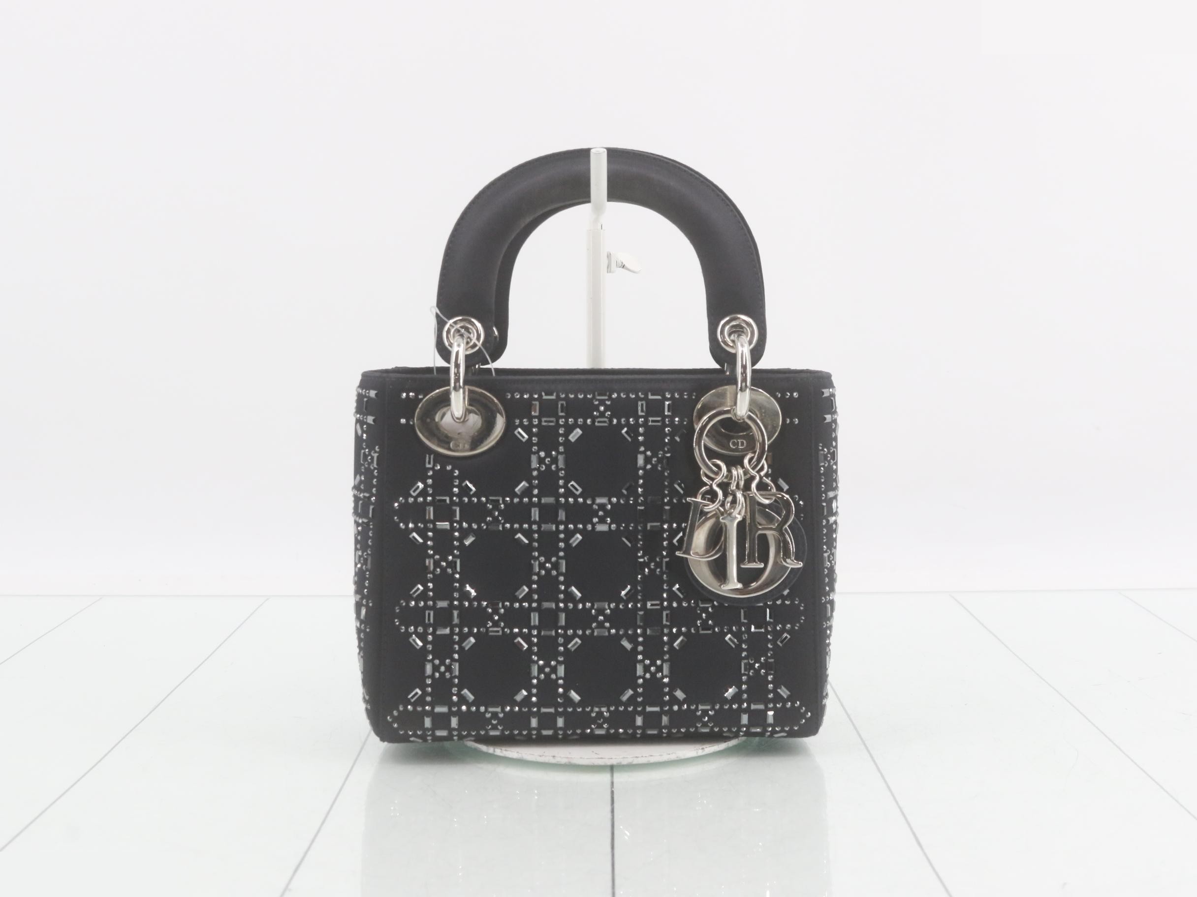 Lady Dior Cannage Stud Satin 2-Way Handbag, Black