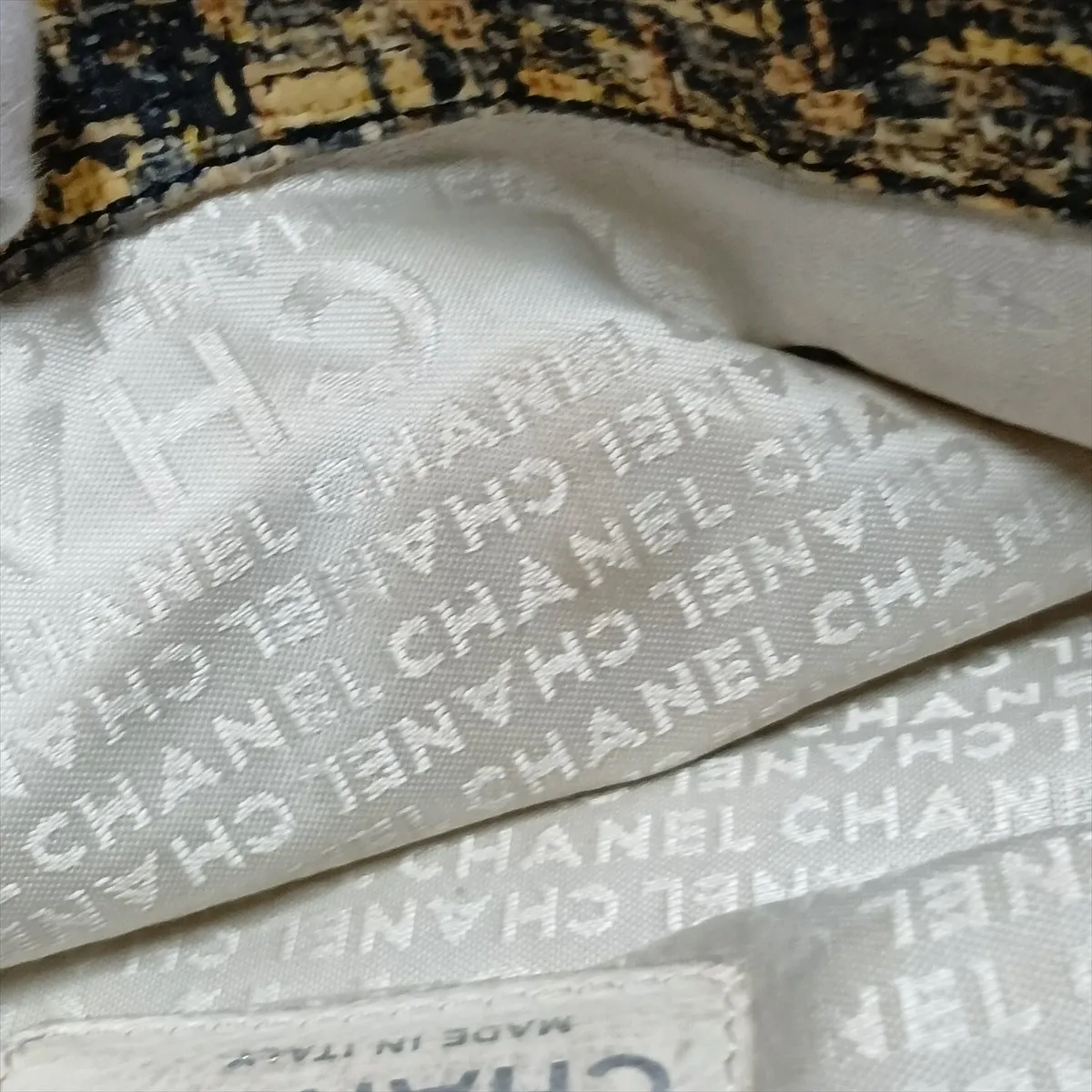 Coco Mark Coated Tweed x Leather Chain Shoulder Bag, Beige x Black, Silver Hardware, 10363658 (Serial Number in the 10s) — view 14