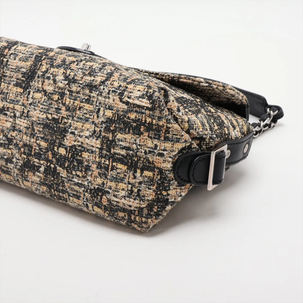 Coco Mark Coated Tweed x Leather Chain Shoulder Bag, Beige x Black, Silver Hardware, 10363658 (Serial Number in the 10s) — view 3