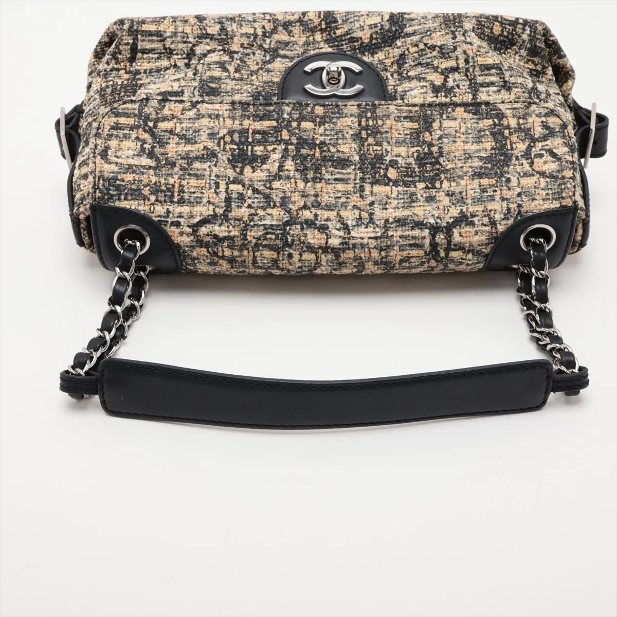 Coco Mark Coated Tweed x Leather Chain Shoulder Bag, Beige x Black, Silver Hardware, 10363658 (Serial Number in the 10s) — view 5