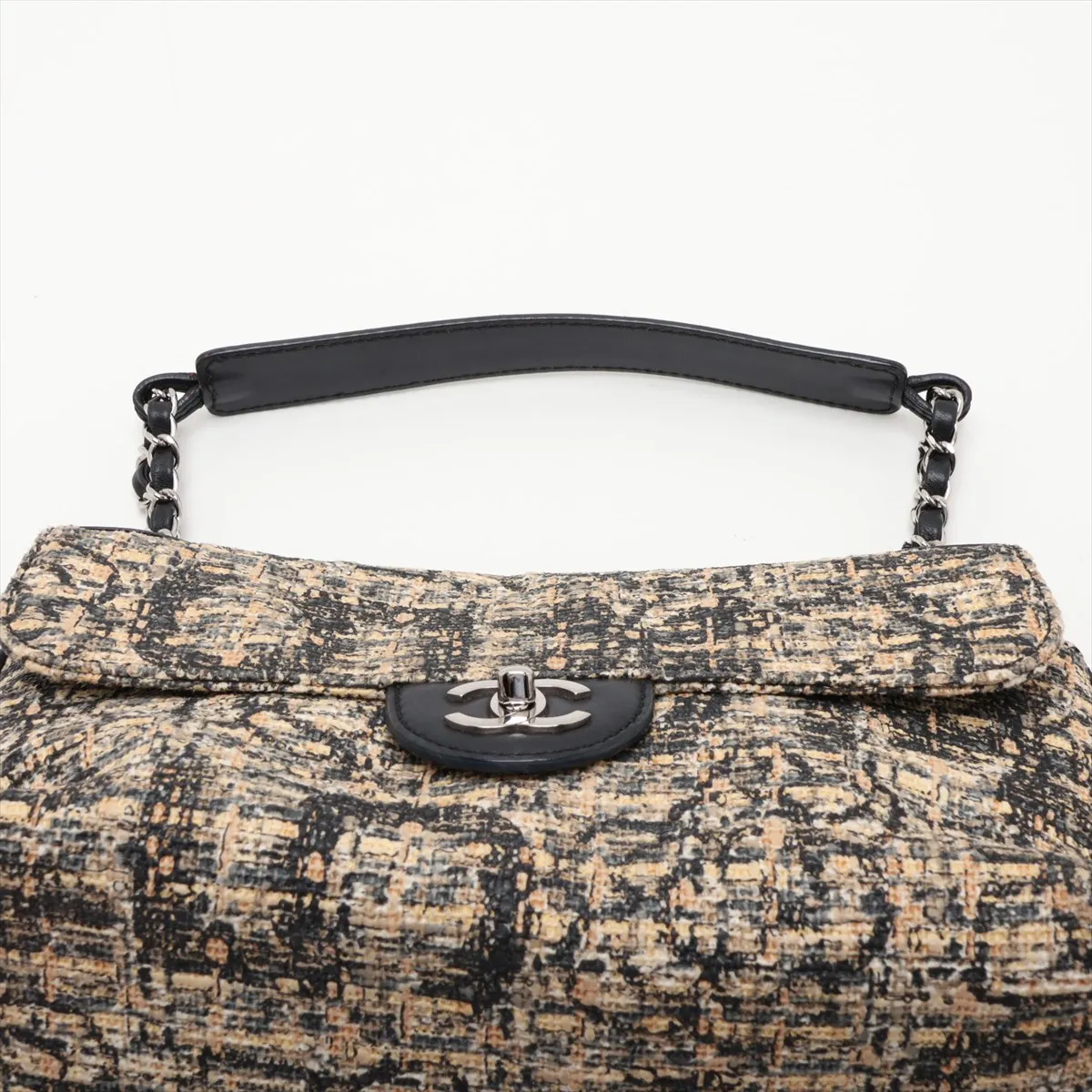 Coco Mark Coated Tweed x Leather Chain Shoulder Bag, Beige x Black, Silver Hardware, 10363658 (Serial Number in the 10s) — view 6