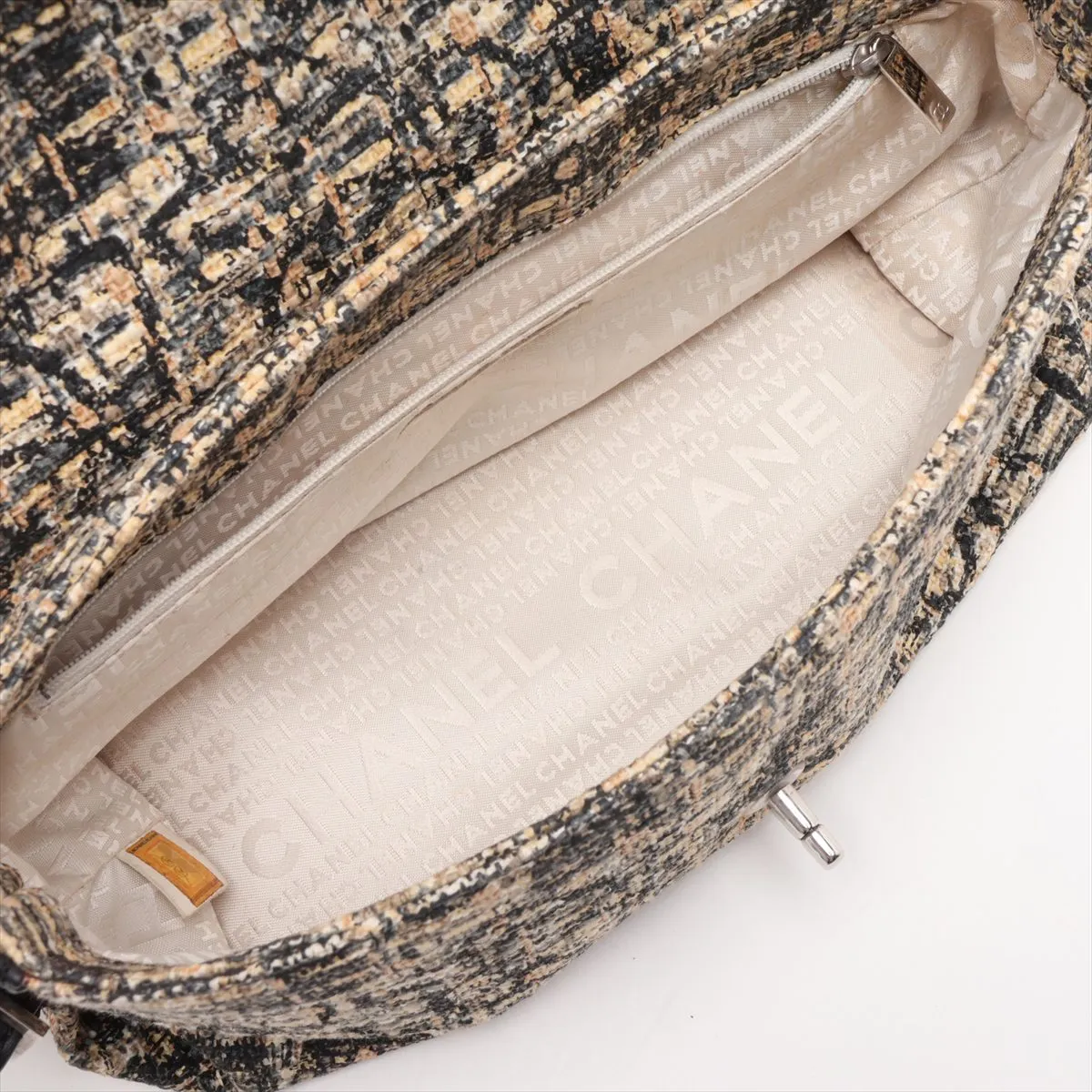 Coco Mark Coated Tweed x Leather Chain Shoulder Bag, Beige x Black, Silver Hardware, 10363658 (Serial Number in the 10s) — view 7