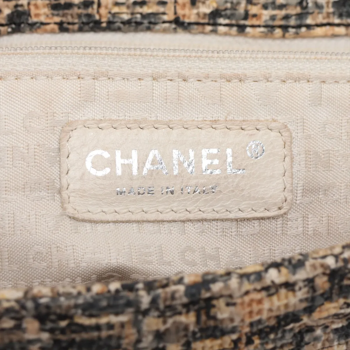 Coco Mark Coated Tweed x Leather Chain Shoulder Bag, Beige x Black, Silver Hardware, 10363658 (Serial Number in the 10s) — view 9