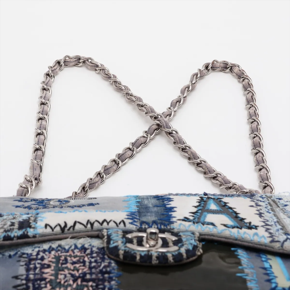 [Individually packaged] Chanel Patchwork Denim Single Flap Double Chain Bag, Blue, Silver Hardware, 20893363 — view 6