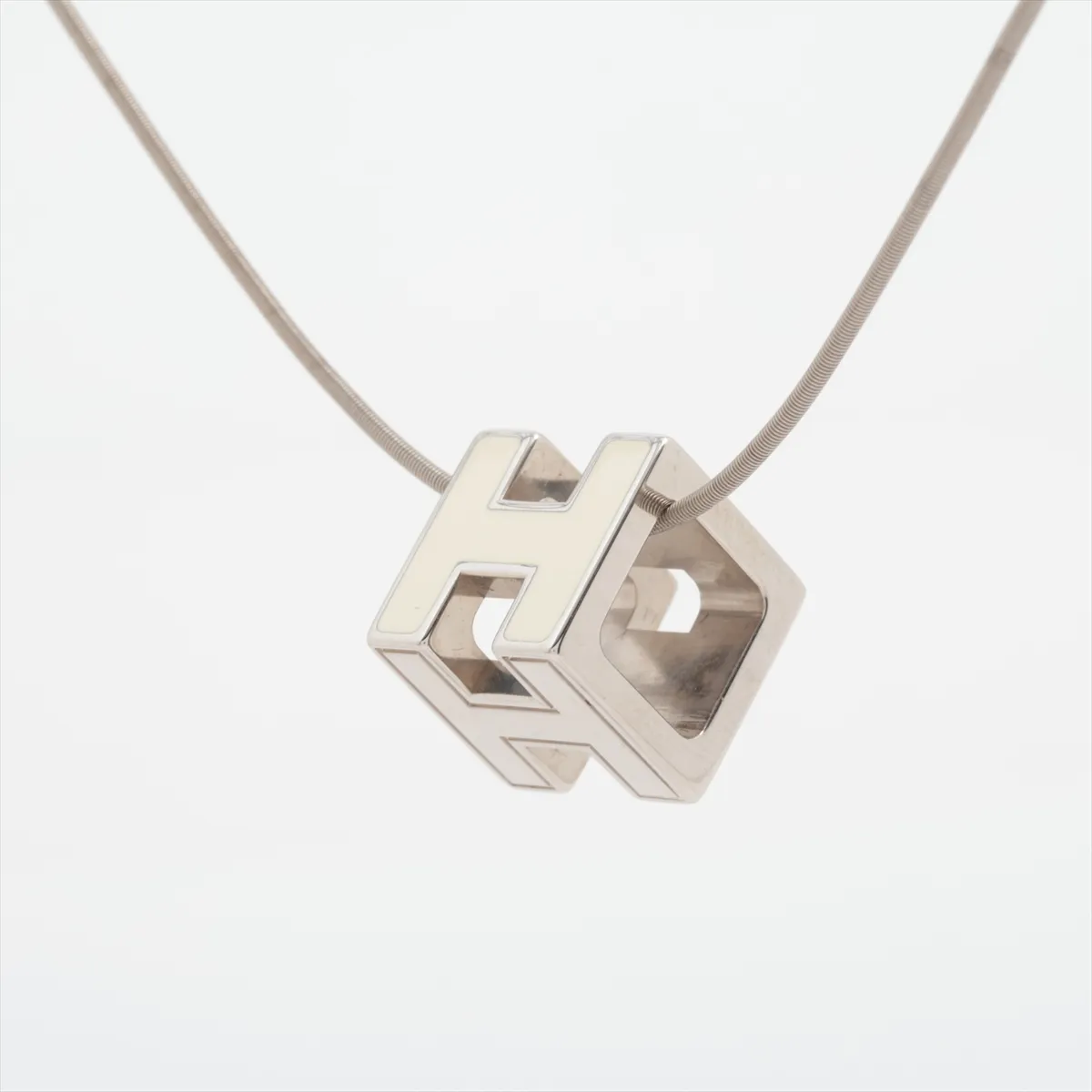 Cage d'H H-Cube Necklace, Metal, Silver. Shows wear, tarnishing,